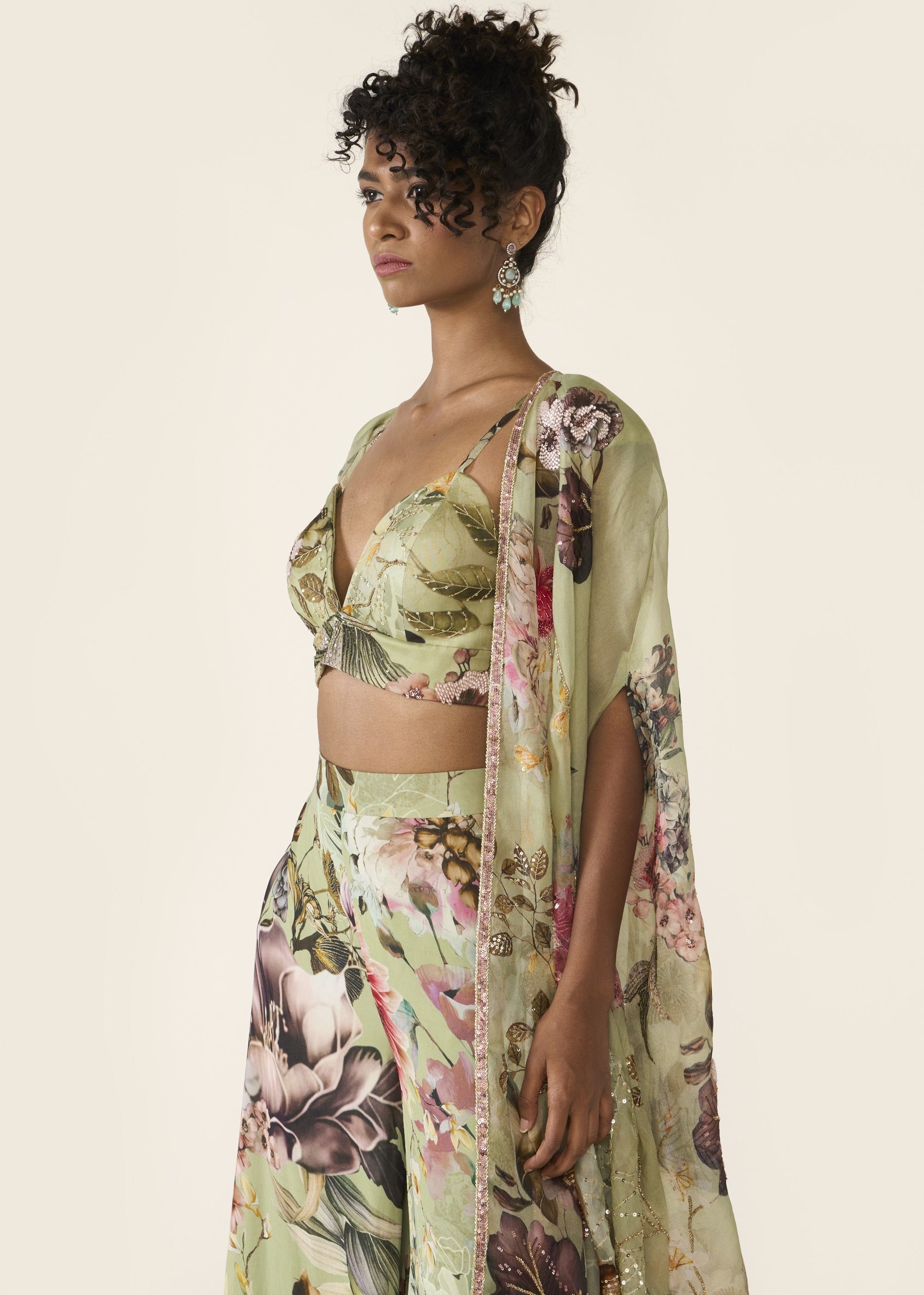 Green Printed Cape Set