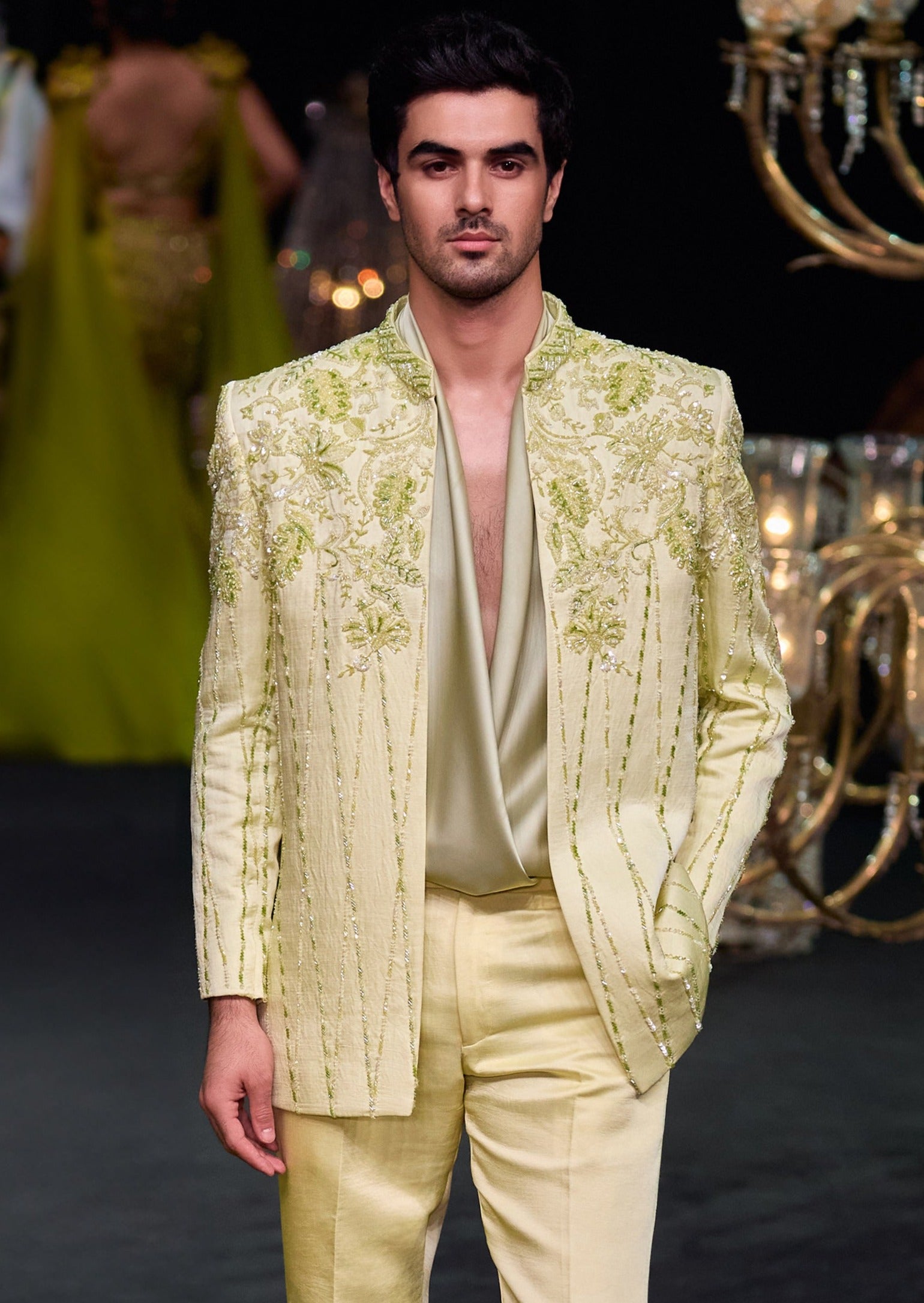 Lime Bandhgala Set with Floral Embroidery