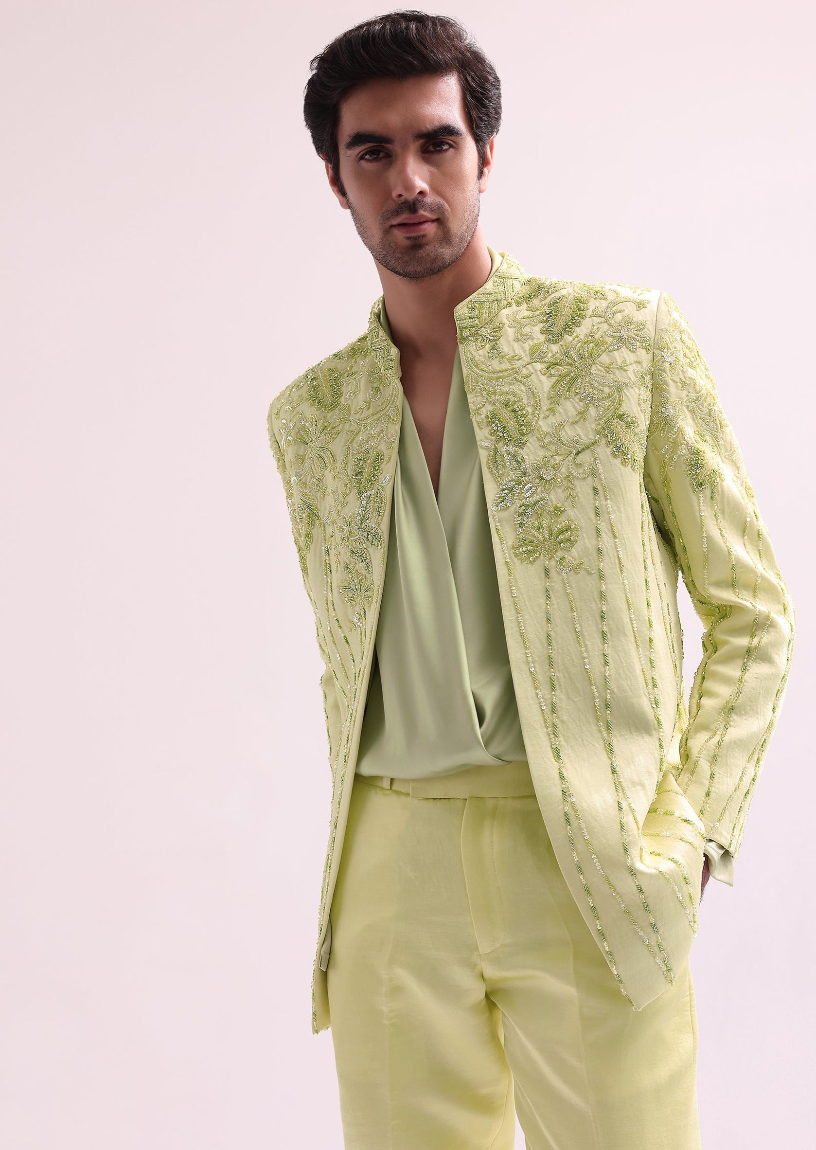 Lime Bandhgala Set with Floral Embroidery
