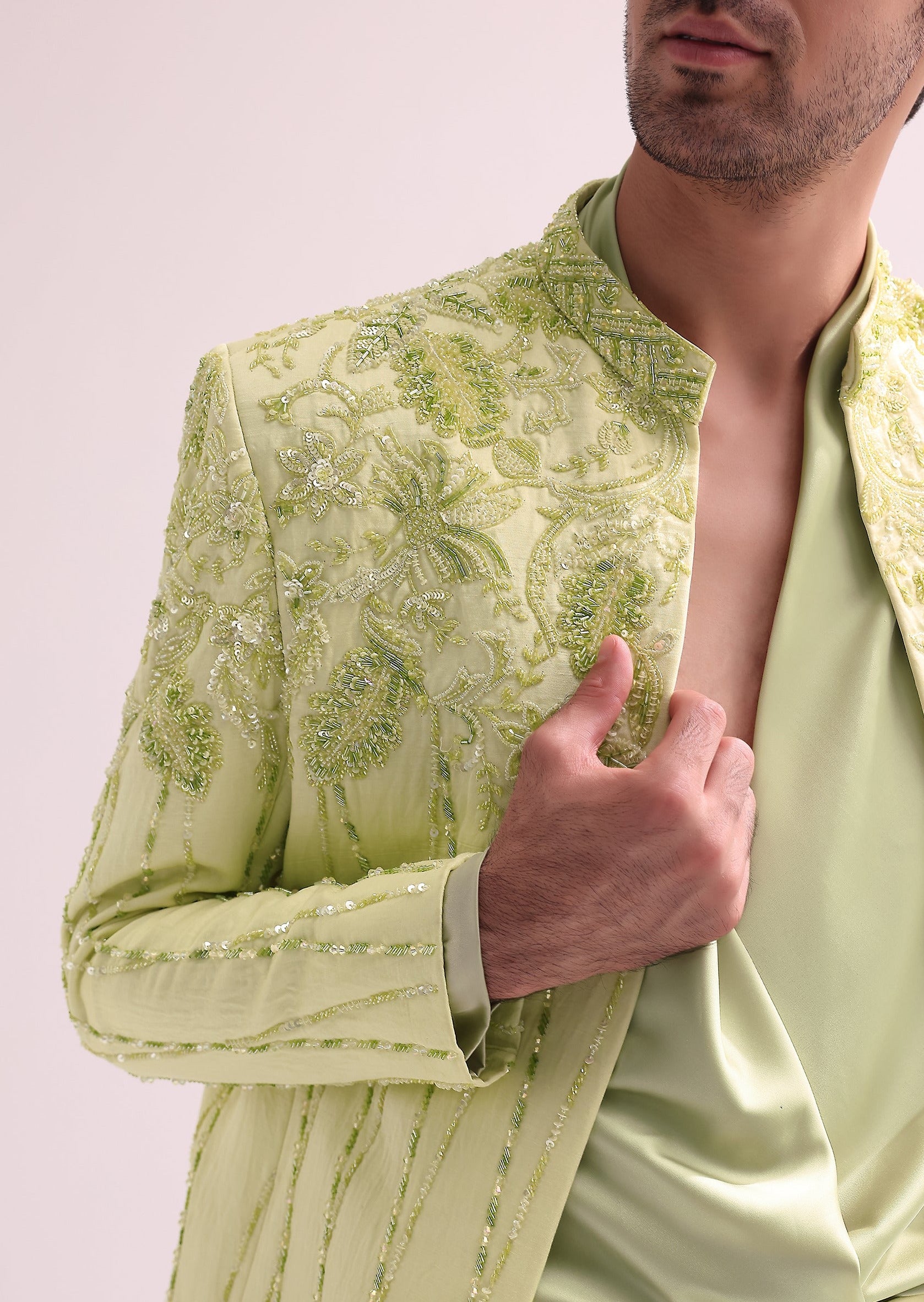 Lime Bandhgala Set with Floral Embroidery