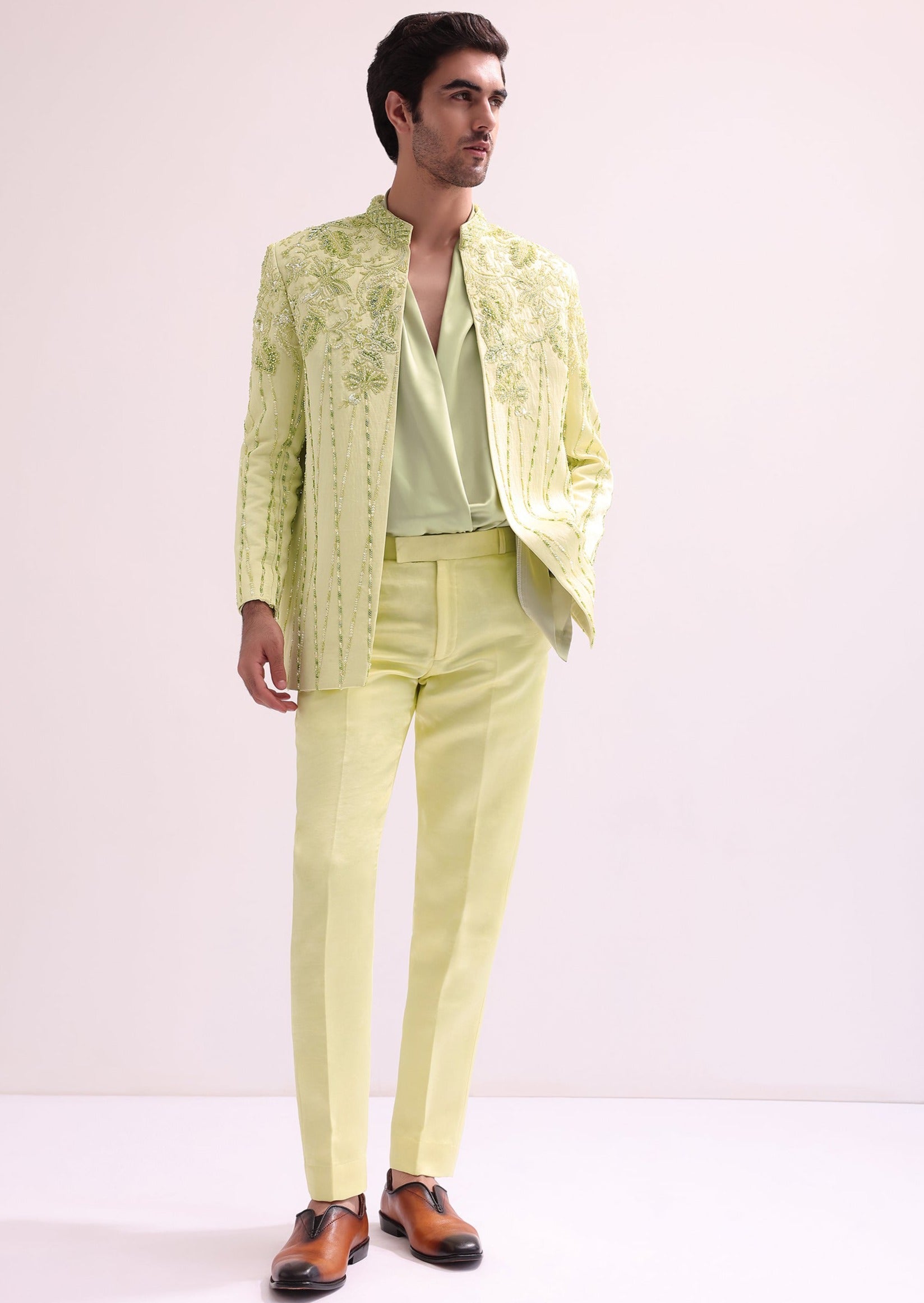 Lime Bandhgala Set with Floral Embroidery