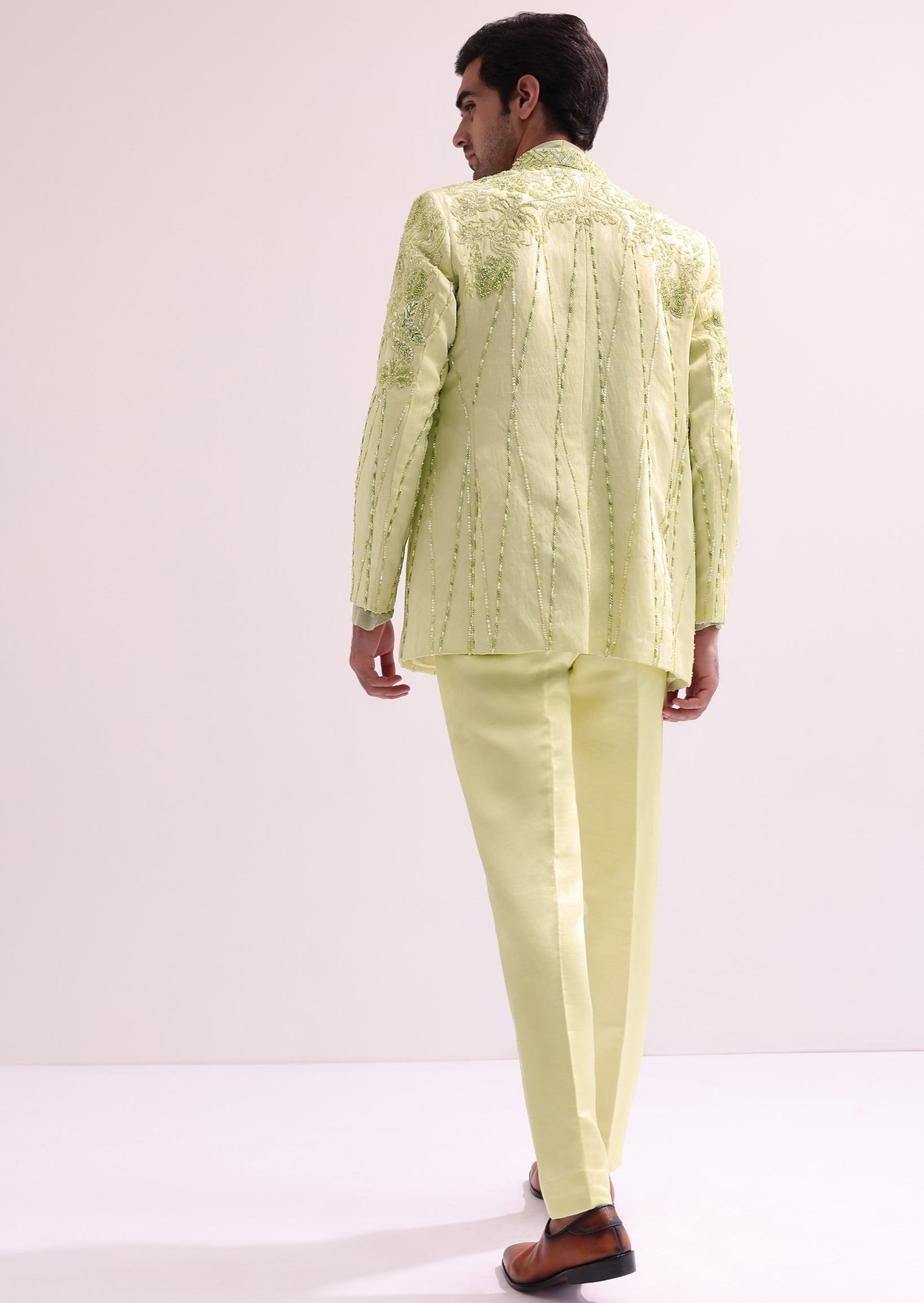 Lime Bandhgala Set with Floral Embroidery