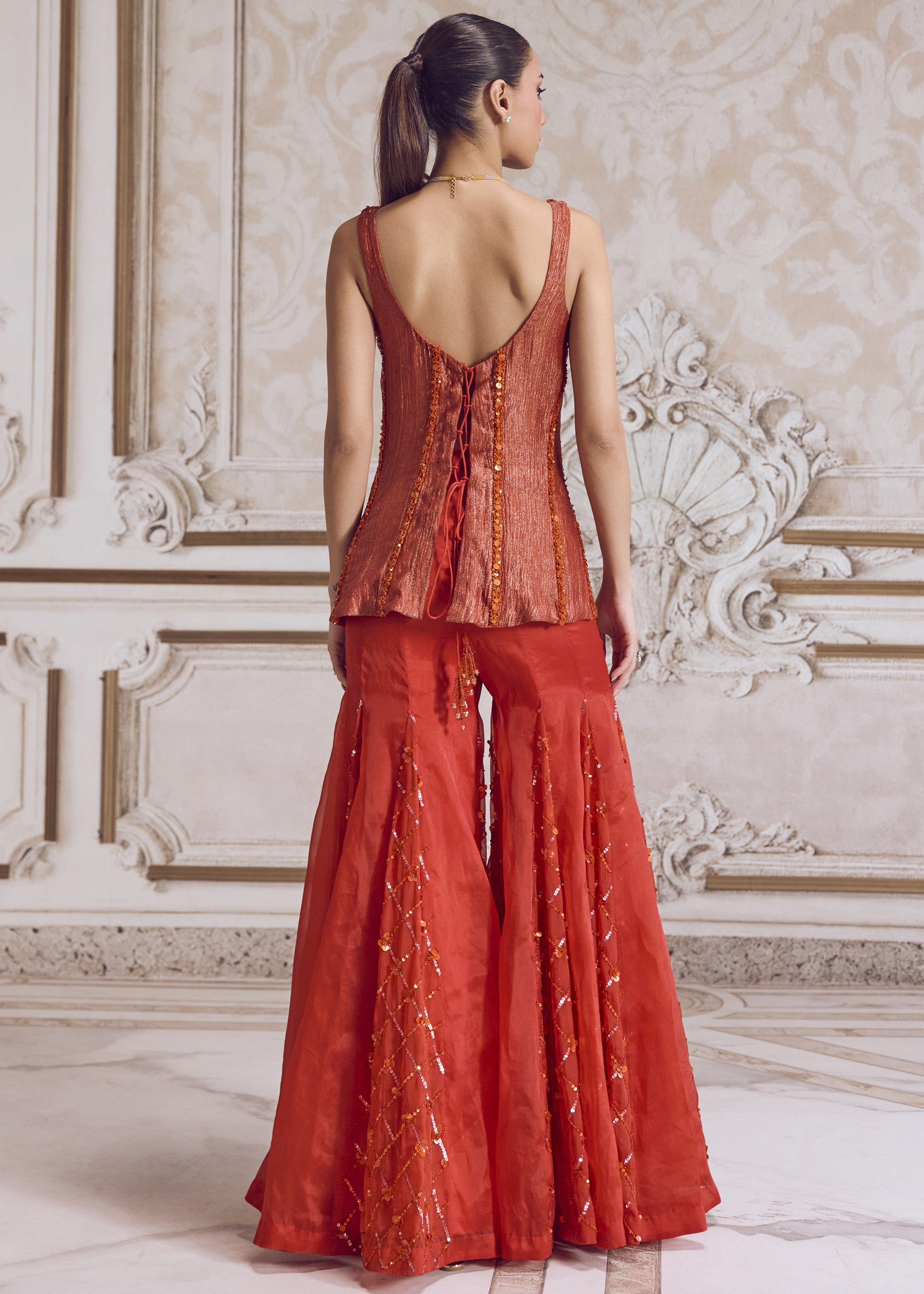 Rust Crushed Tissue Corset With Organza Sharara