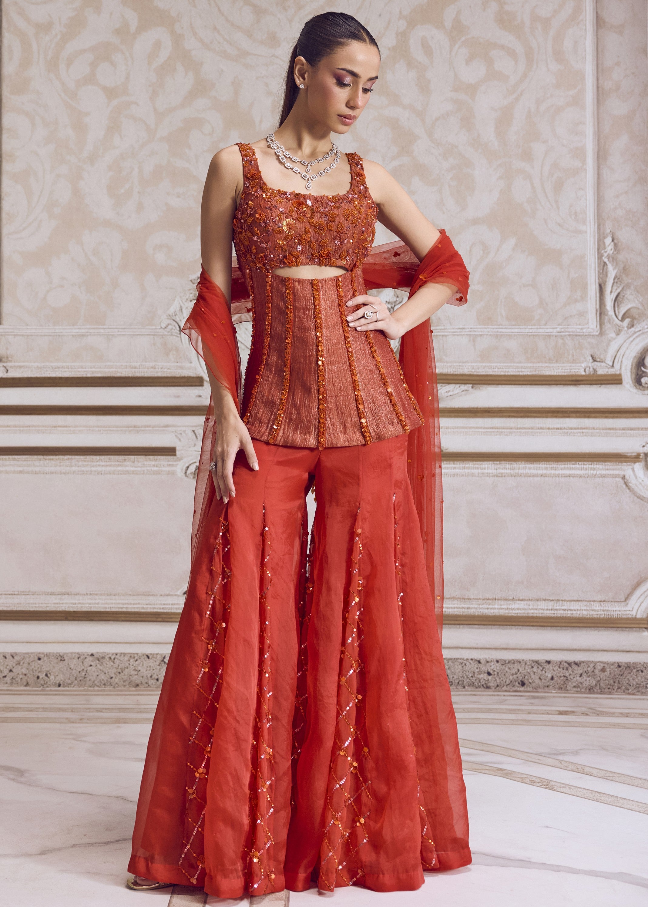 Rust Crushed Tissue Corset With Organza Sharara