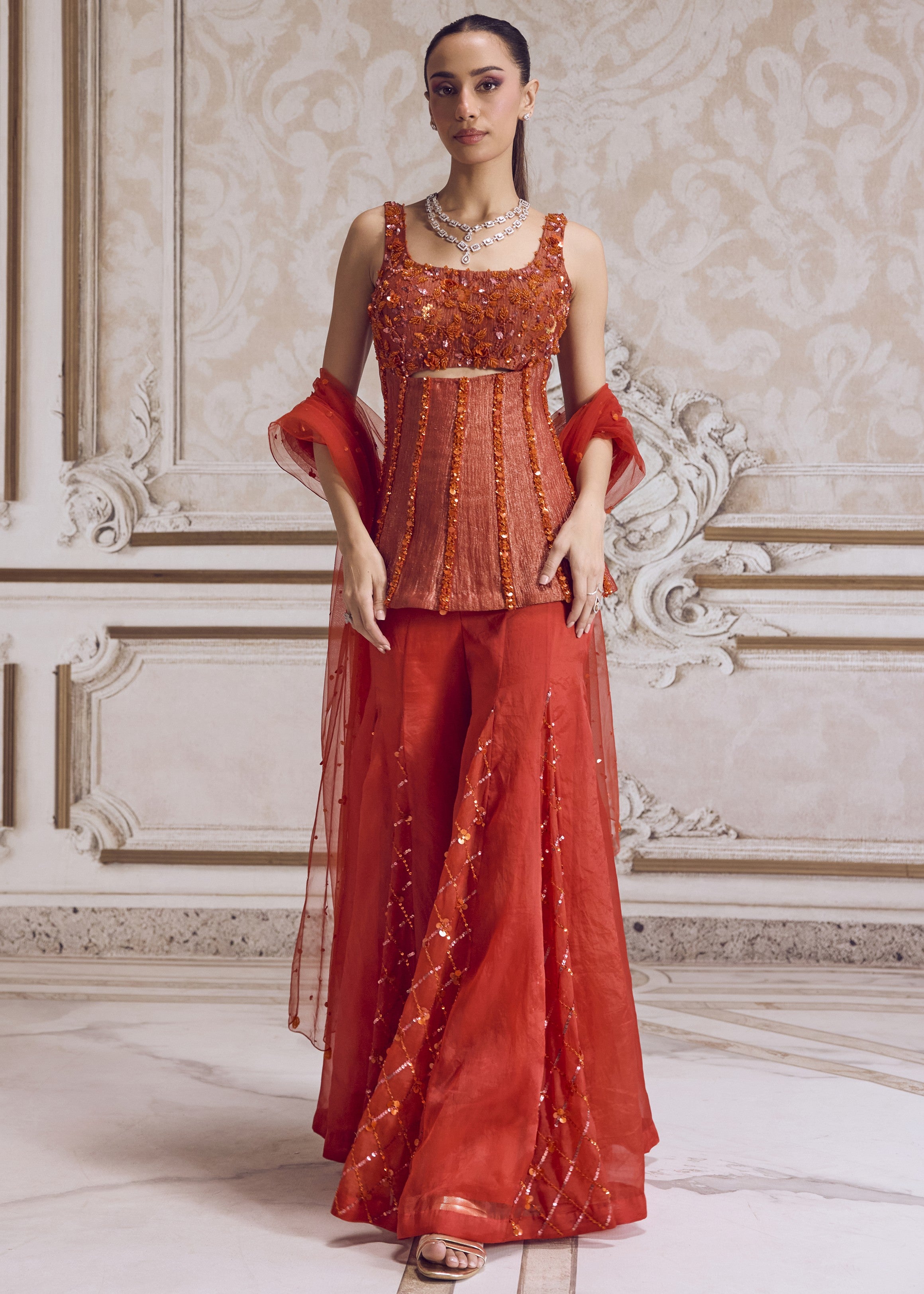 Rust Crushed Tissue Corset With Organza Sharara