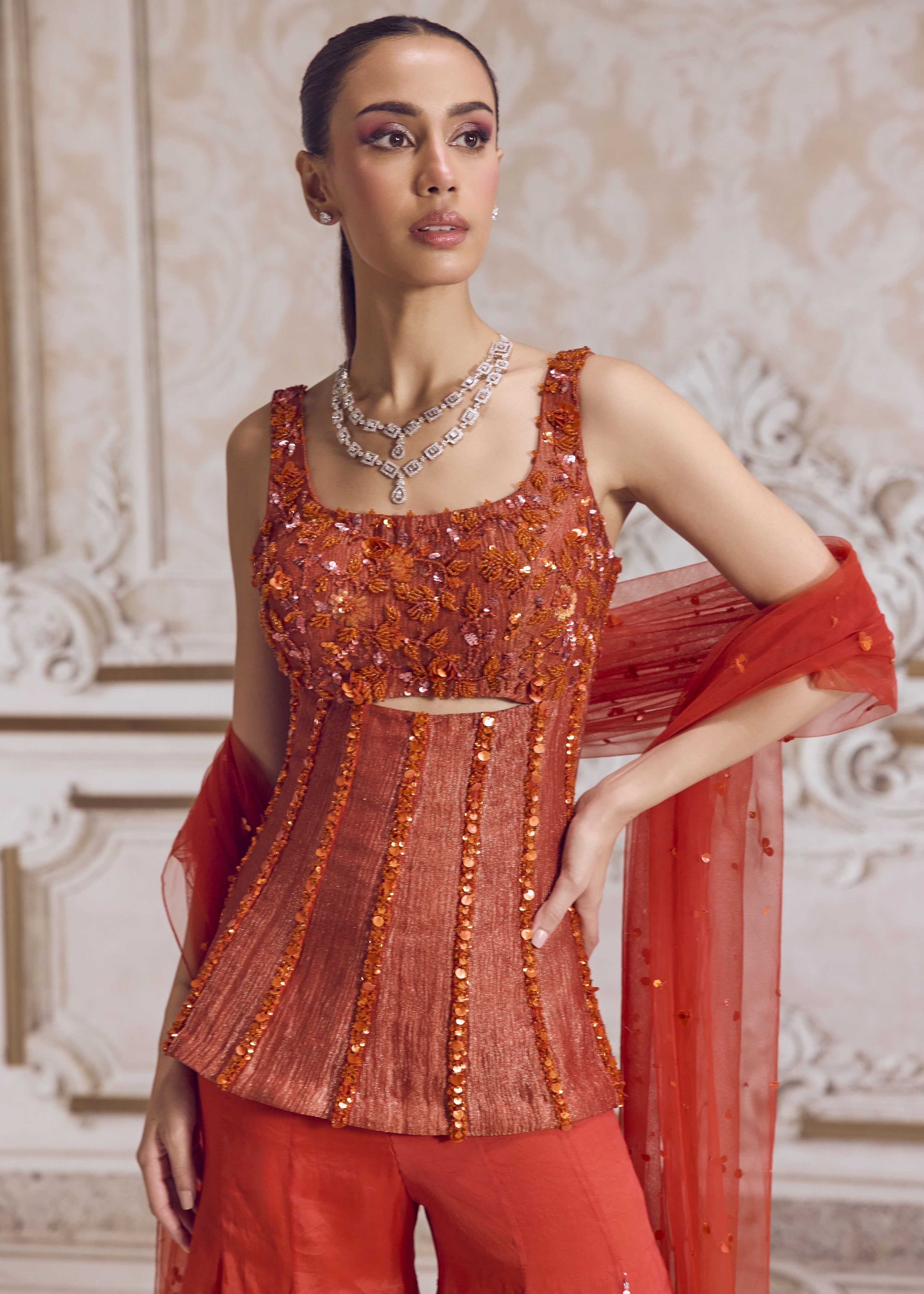 Rust Crushed Tissue Corset With Organza Sharara