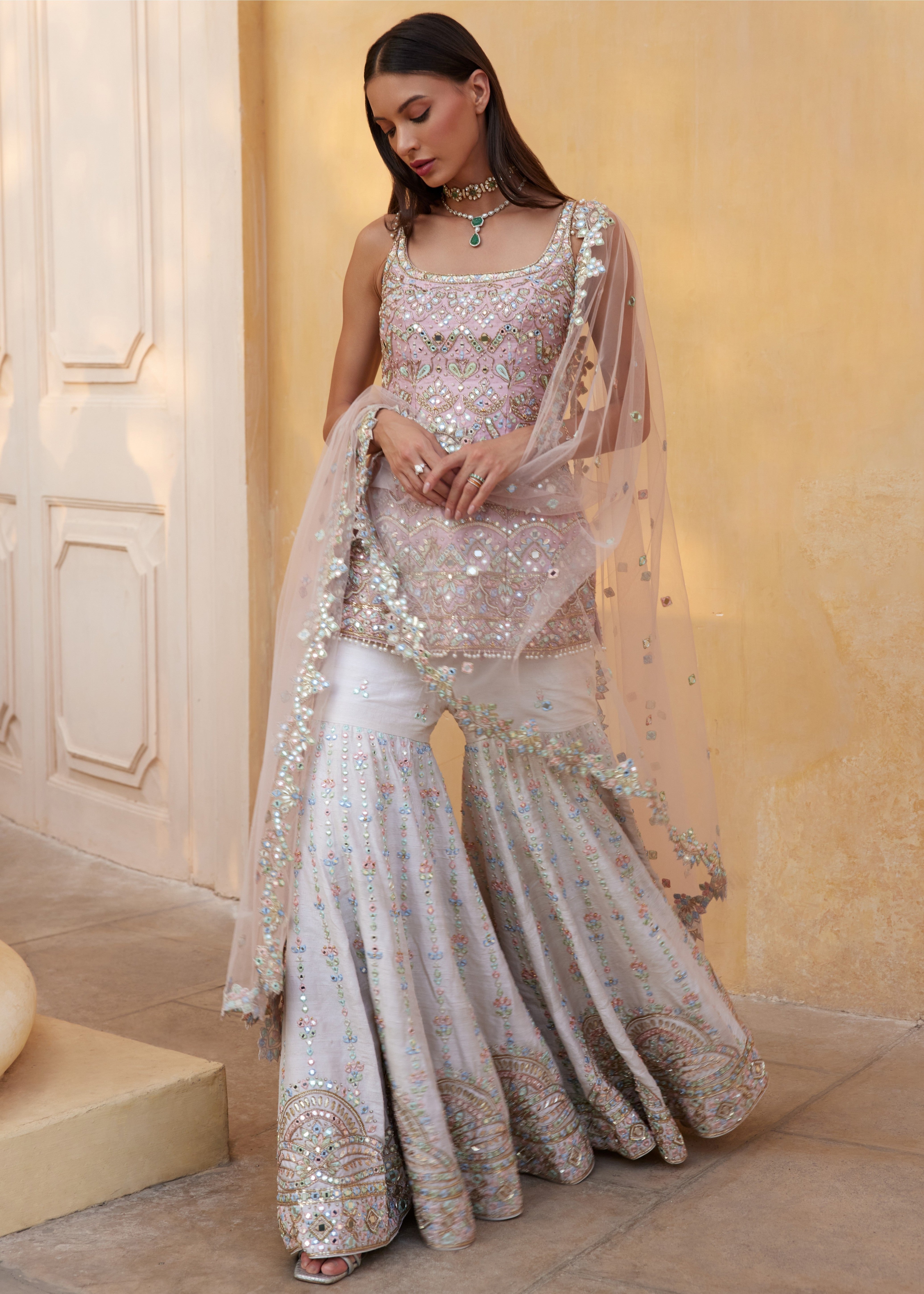 Ivory and Rose Pink Mirror Gharara Set