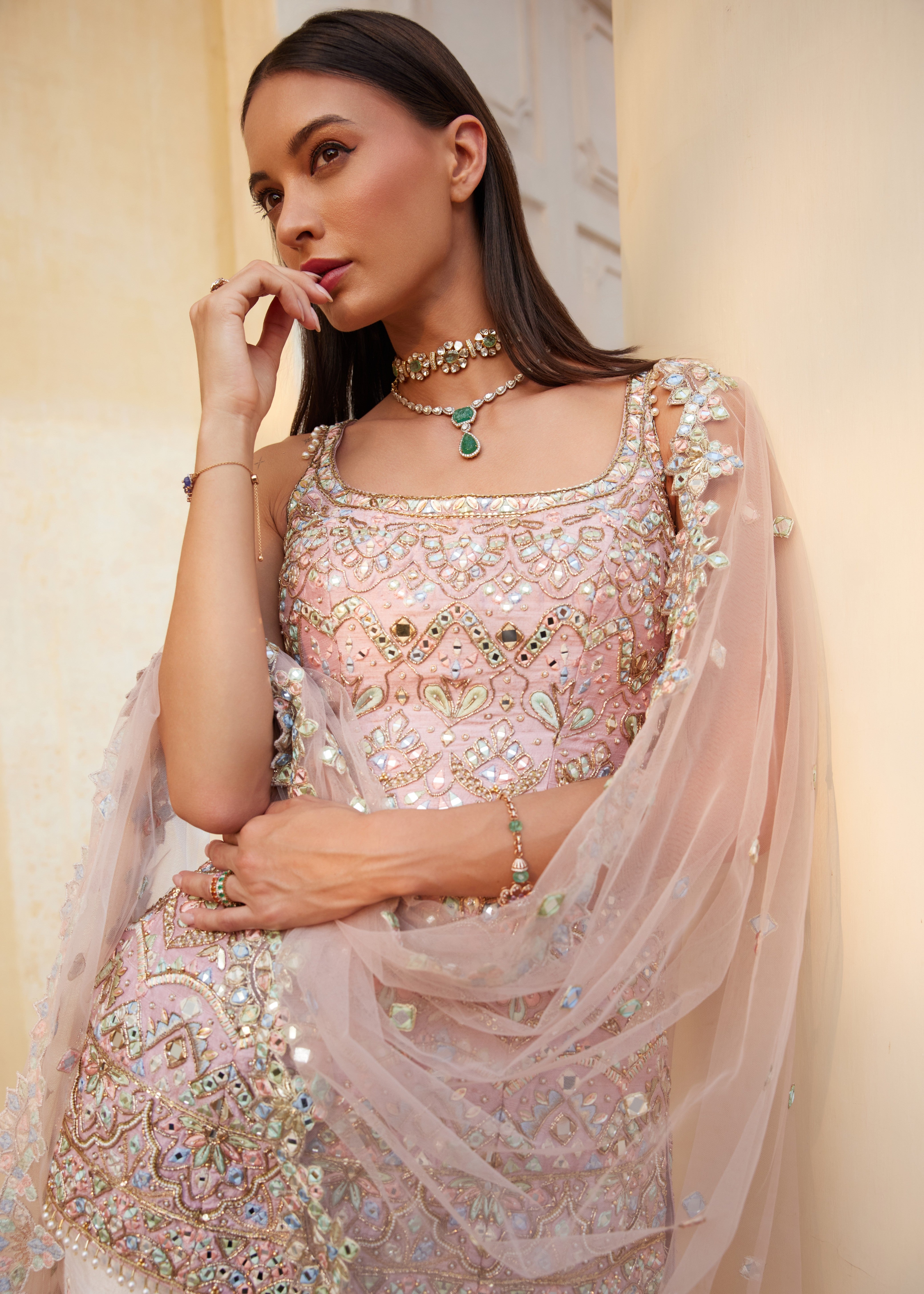 Ivory and Rose Pink Mirror Gharara Set