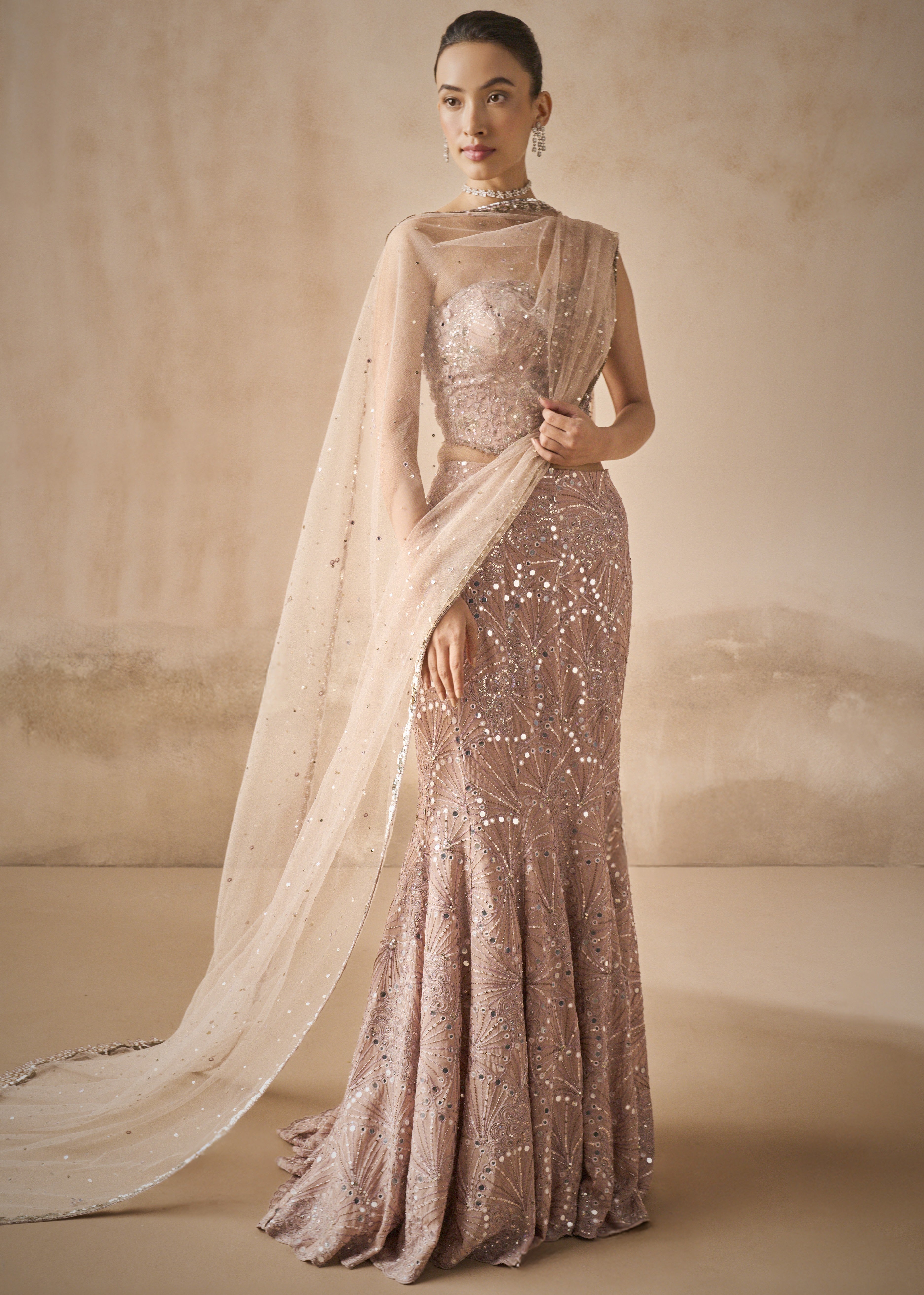 Mauve Pink Georgette Fit And Flare Lehenga Set