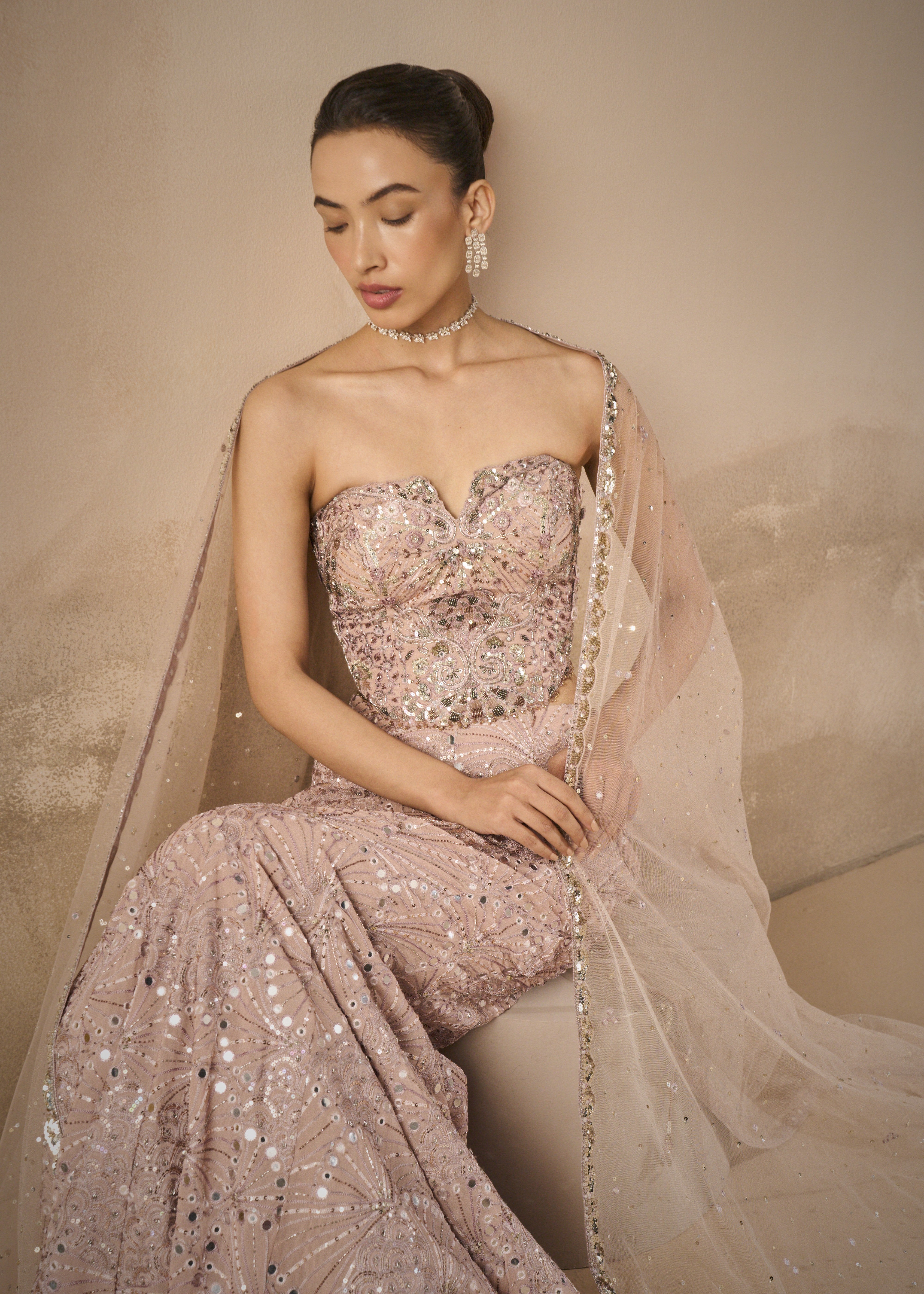 Mauve Pink Georgette Fit And Flare Lehenga Set
