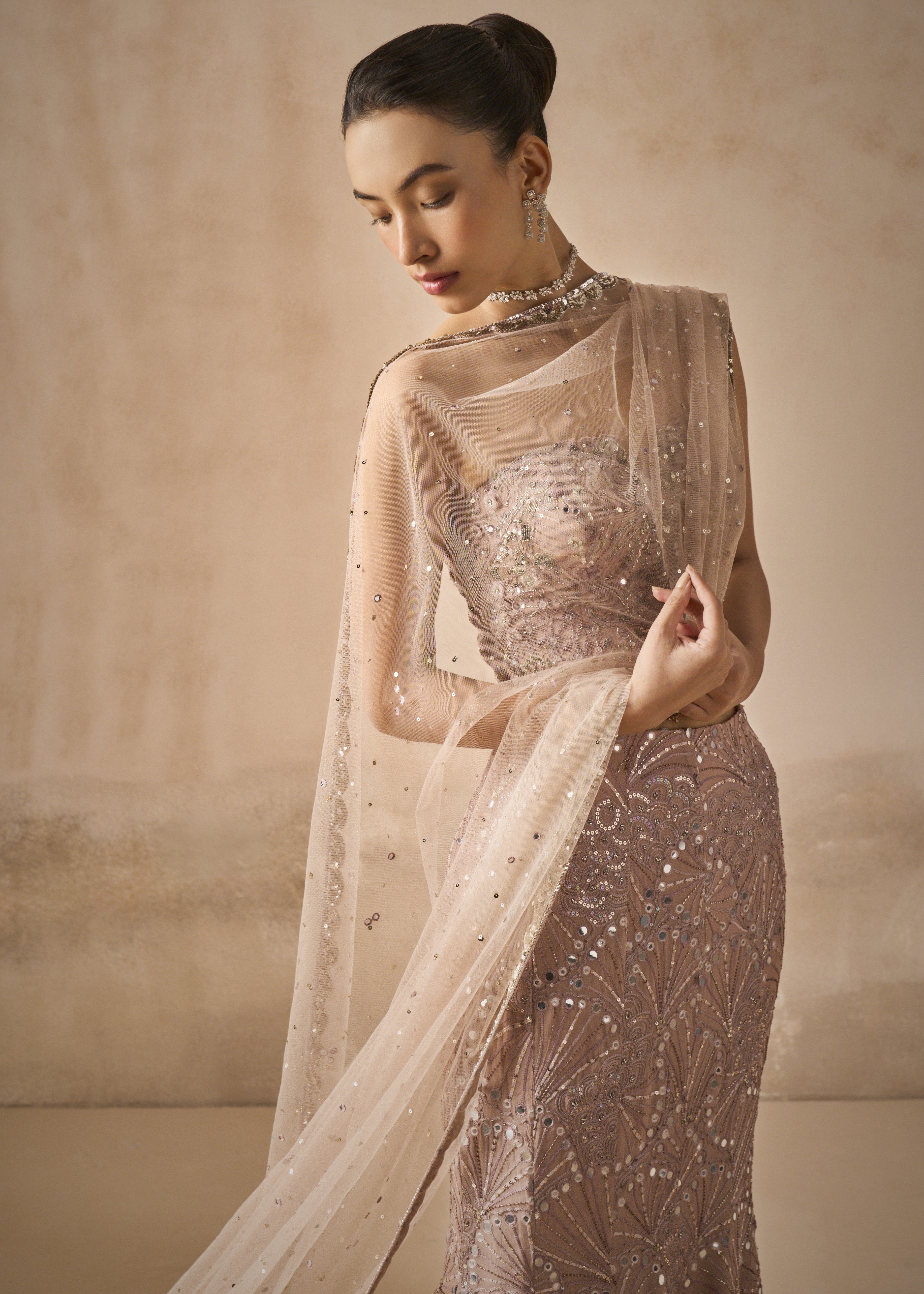 Mauve Pink Georgette Fit And Flare Lehenga Set