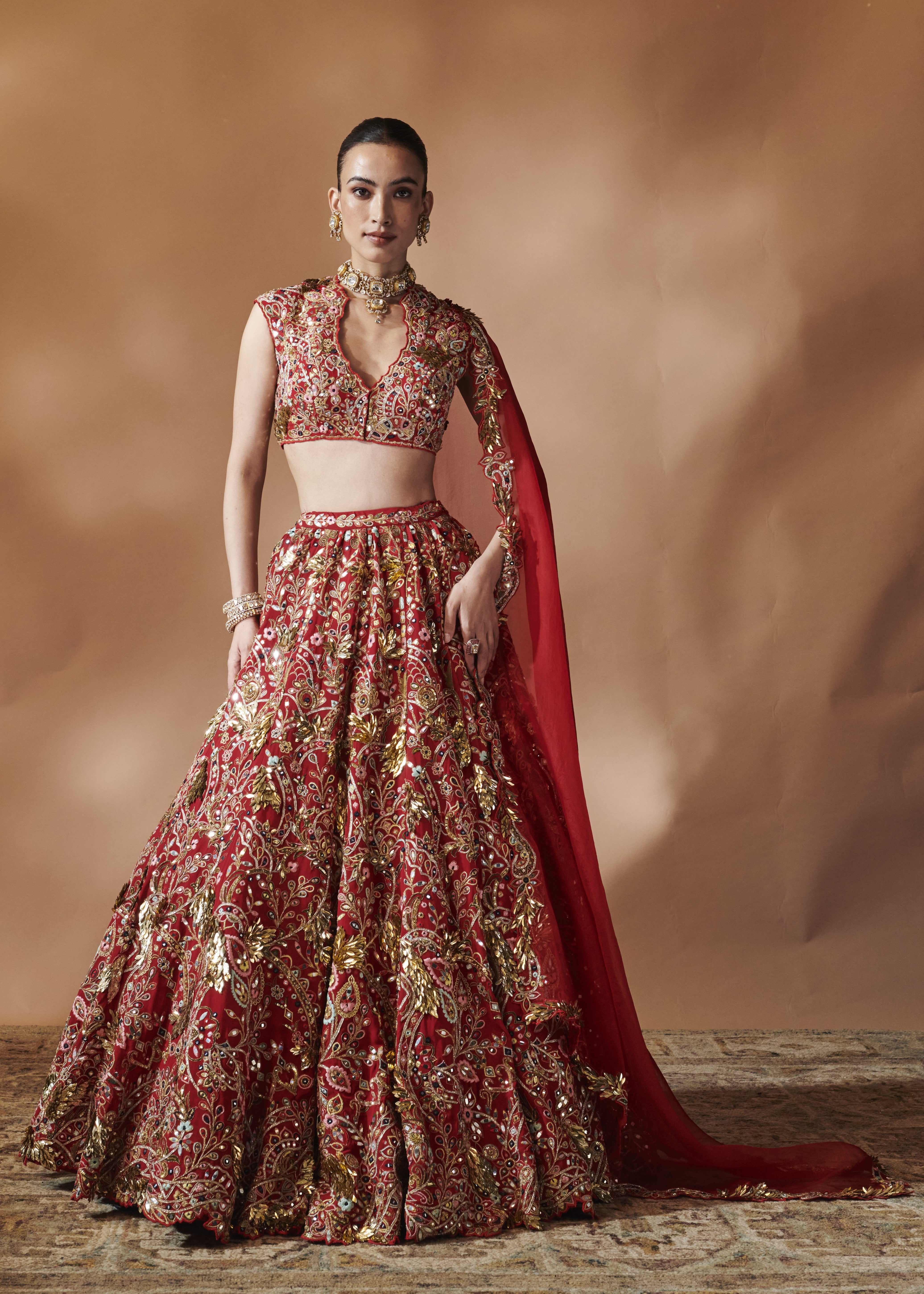 Red Heavily Embroidered Lehenga Set