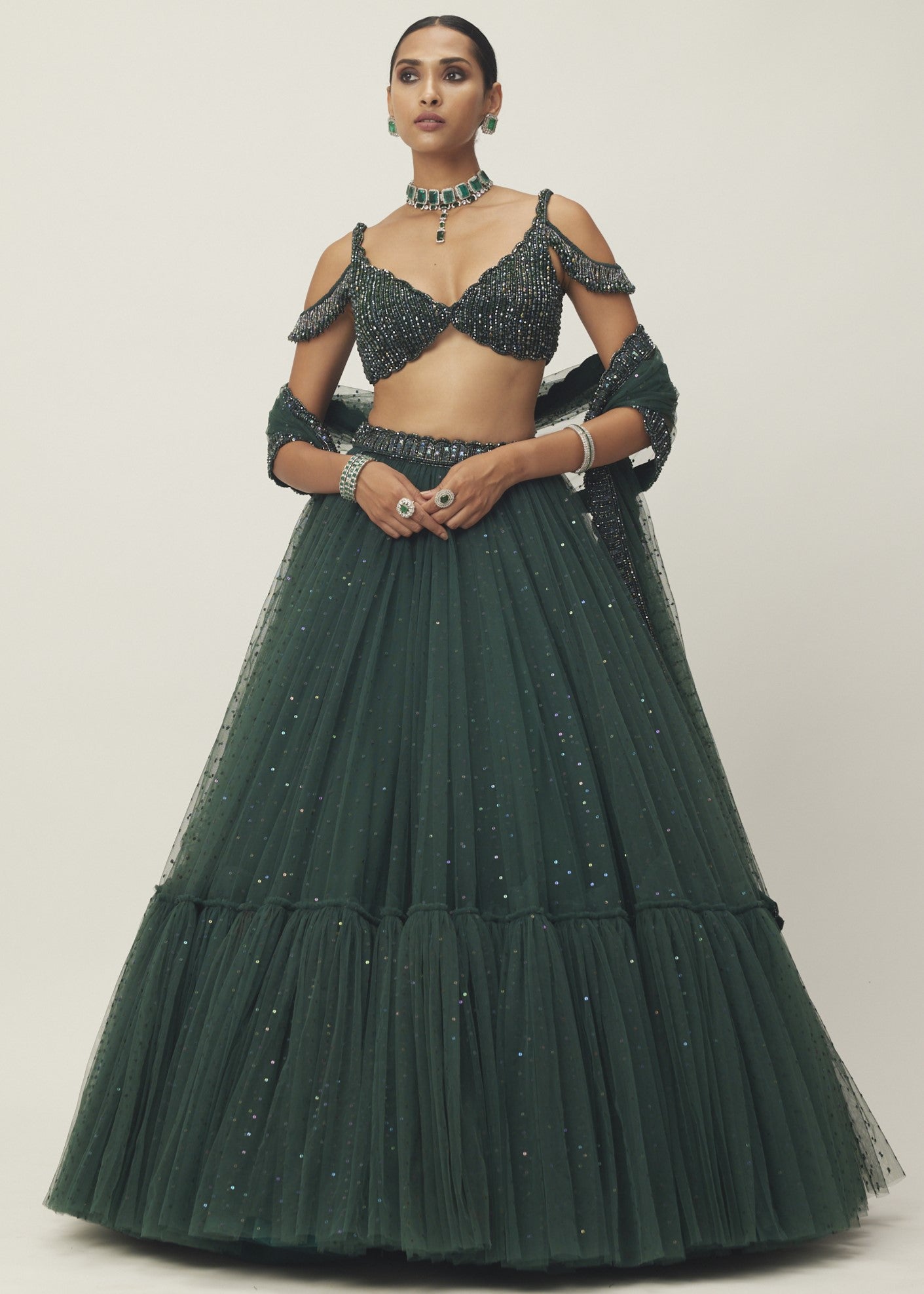 Dark Jade Green Sequins Scattered Tulle Lehenga Set