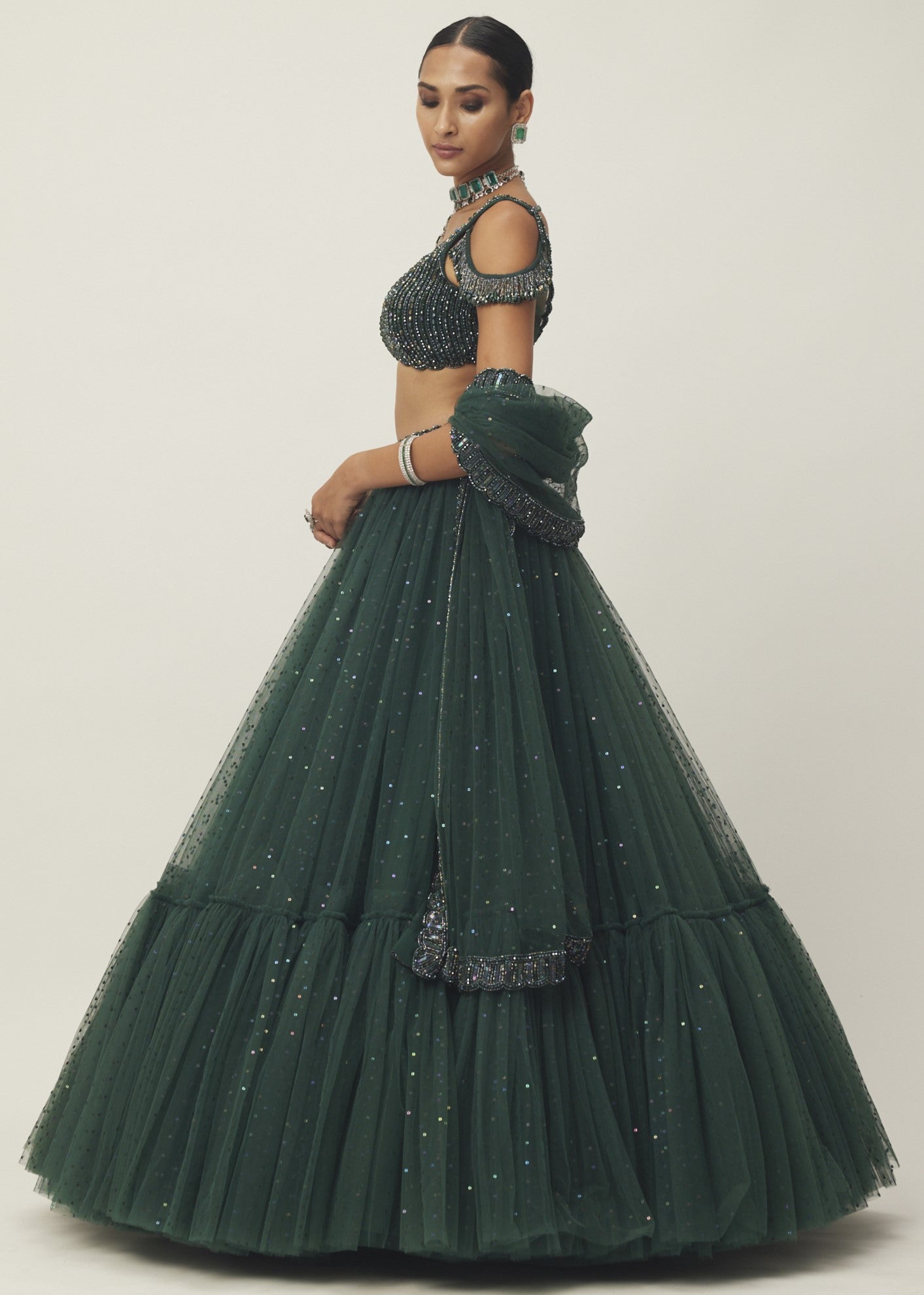 Dark Jade Green Sequins Scattered Tulle Lehenga Set