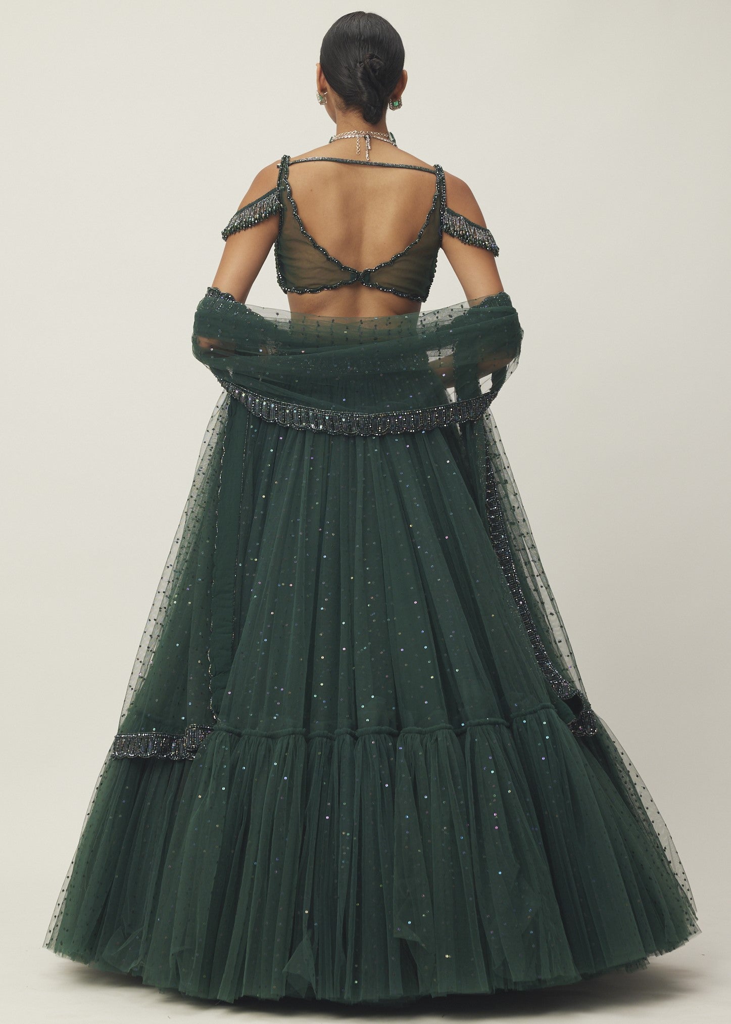 Dark Jade Green Sequins Scattered Tulle Lehenga Set