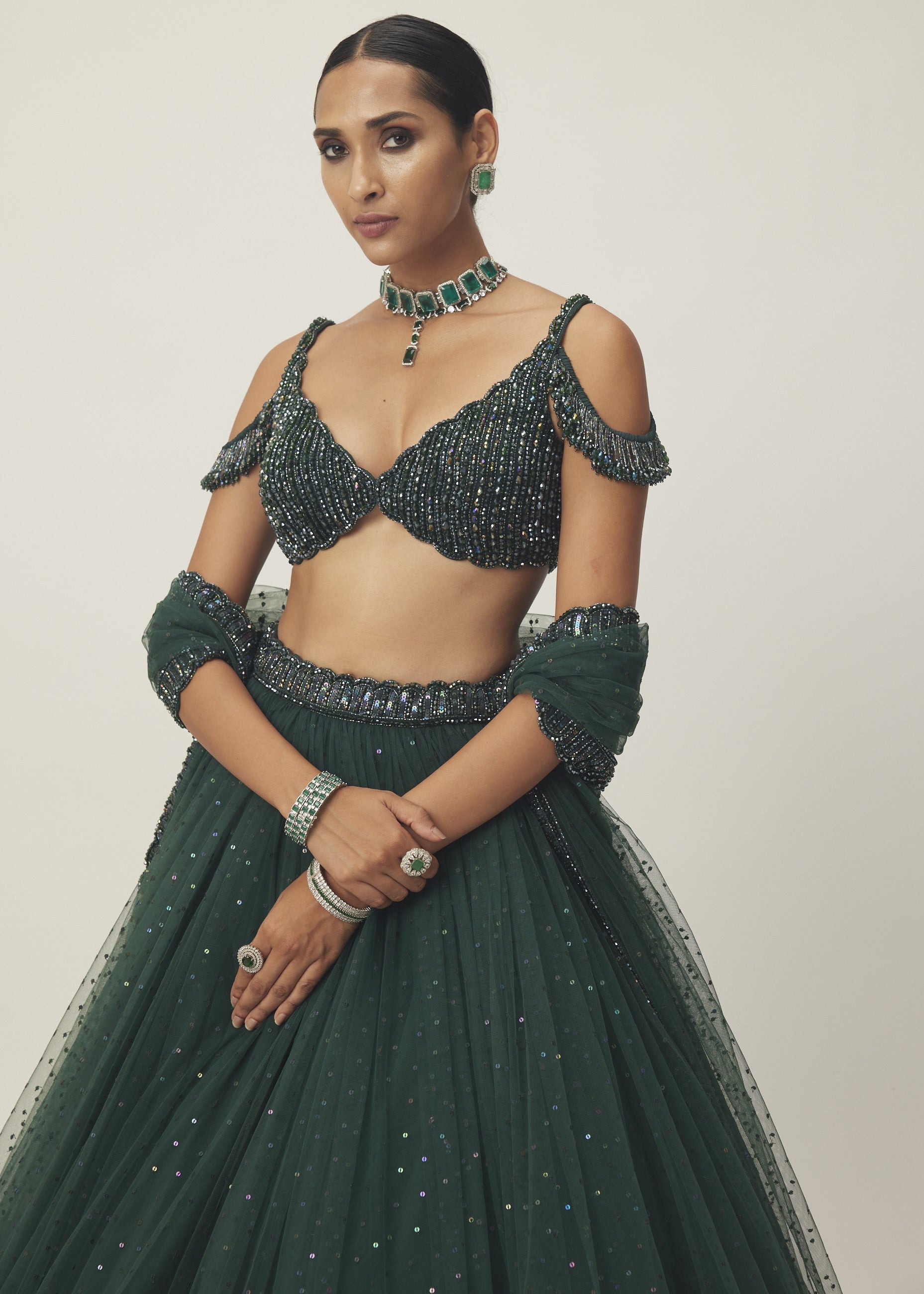 Dark Jade Green Sequins Scattered Tulle Lehenga Set