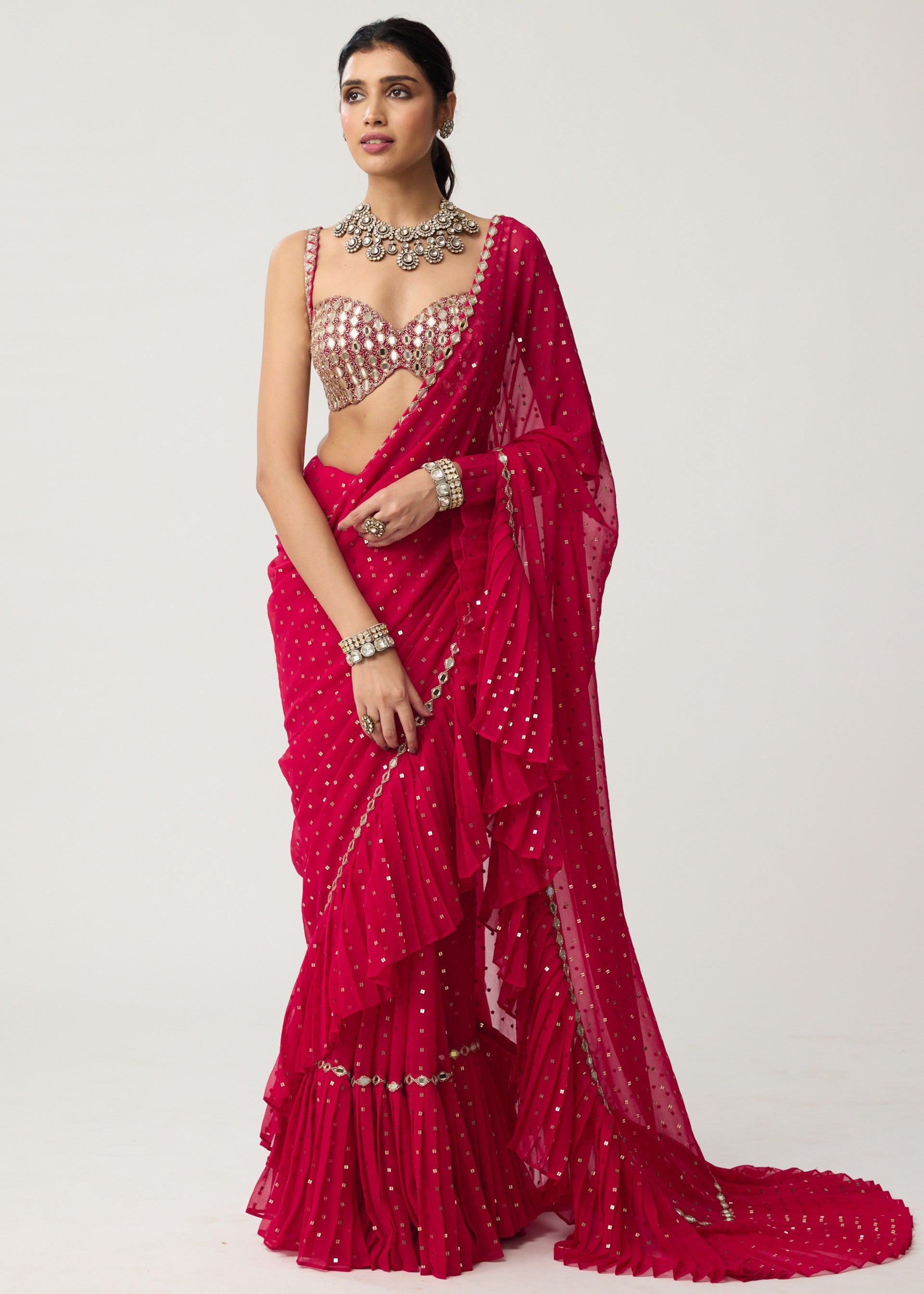 Crimson Red Ruffle Sequins Mirror Sari Set