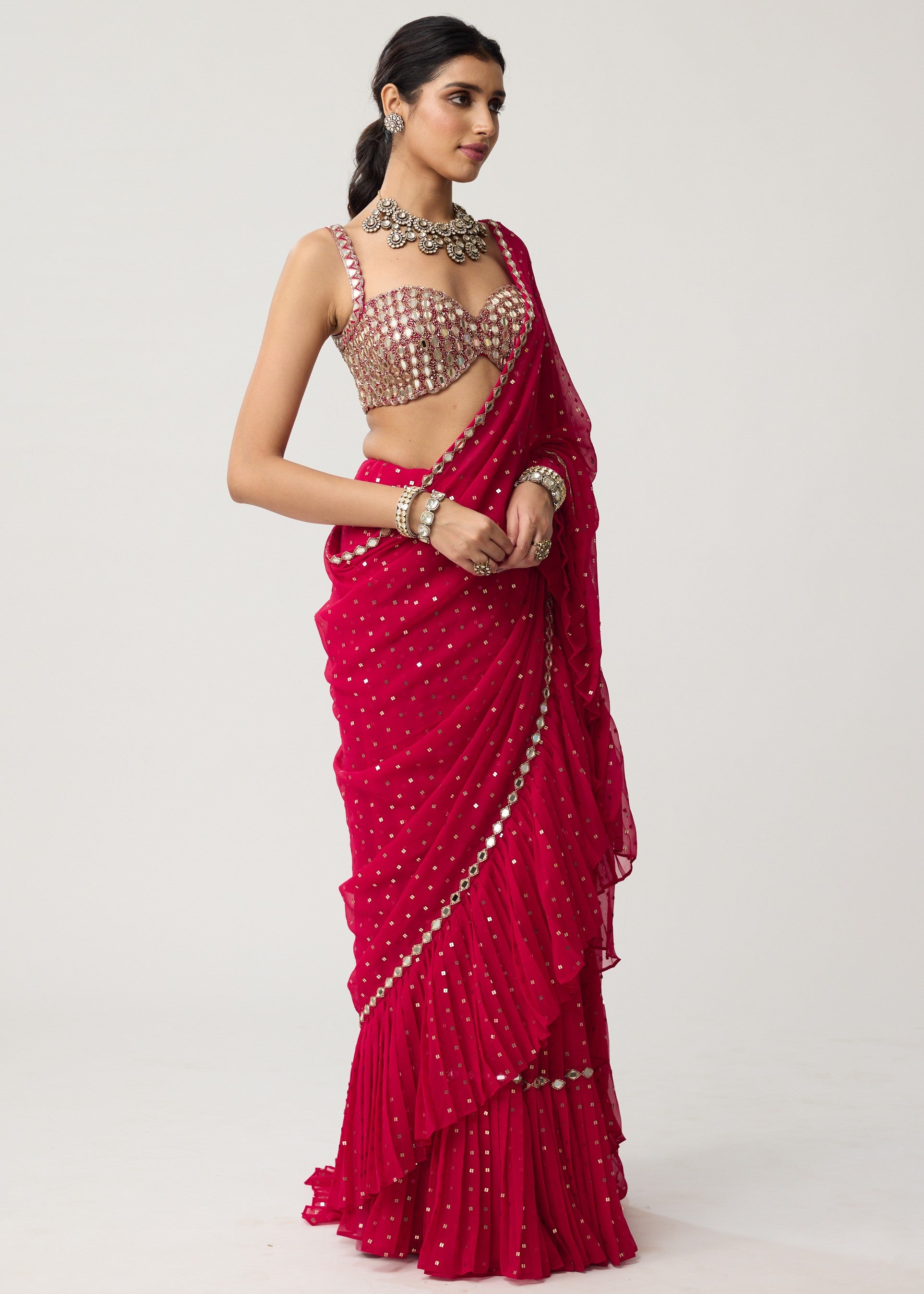 Crimson Red Ruffle Sequins Mirror Sari Set