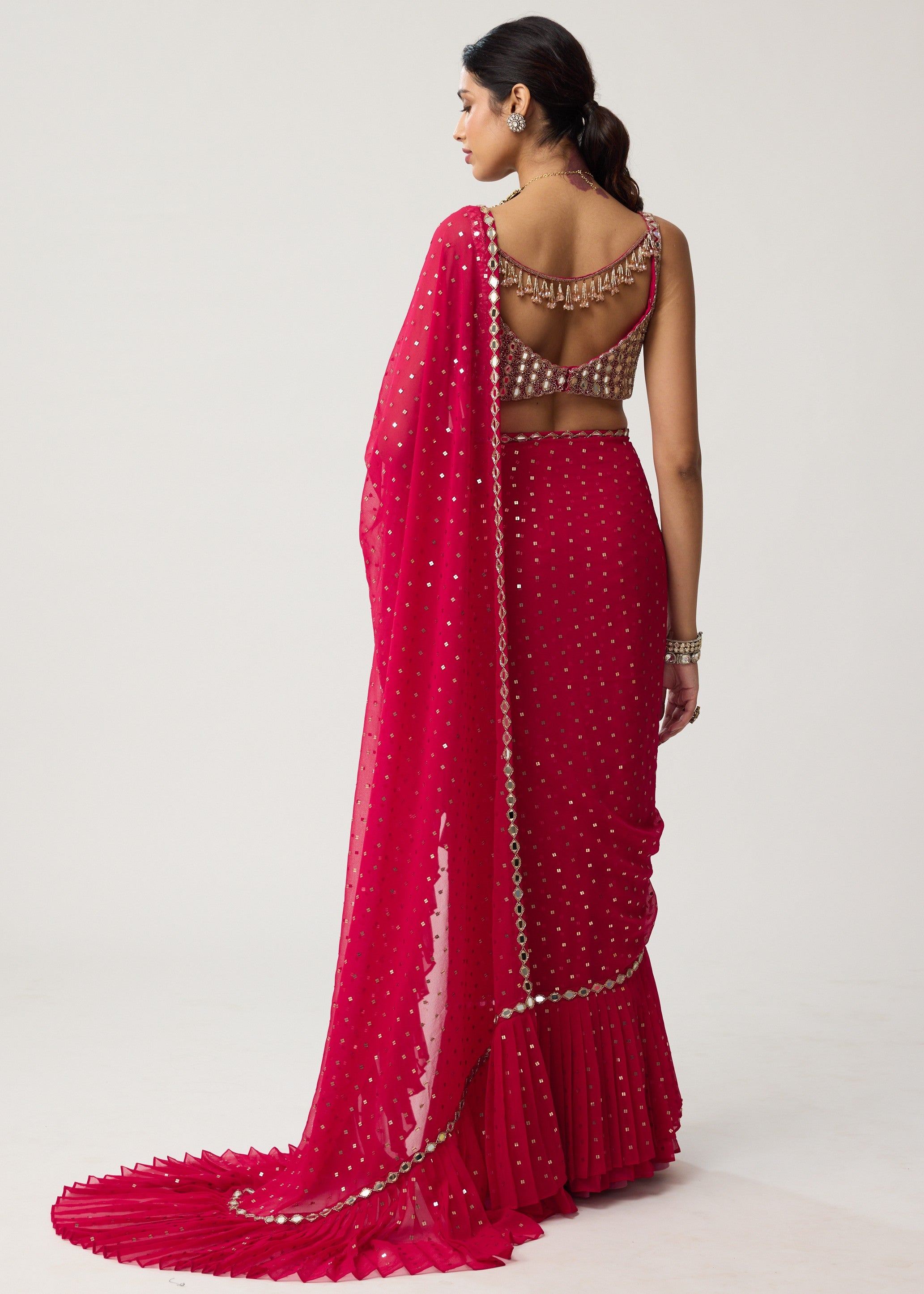 Crimson Red Ruffle Sequins Mirror Sari Set