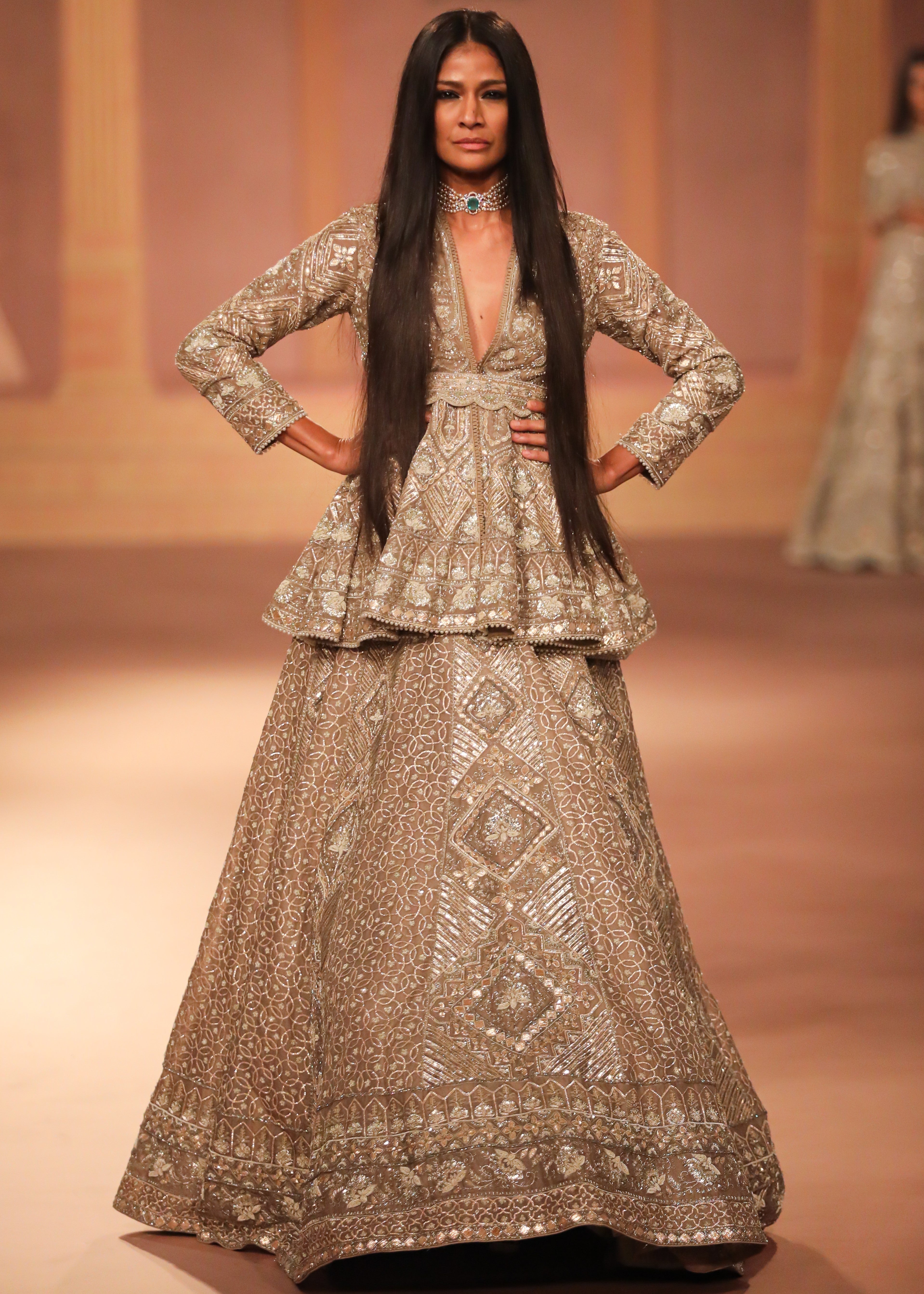 Beige Gold Peplum Lehenga Set