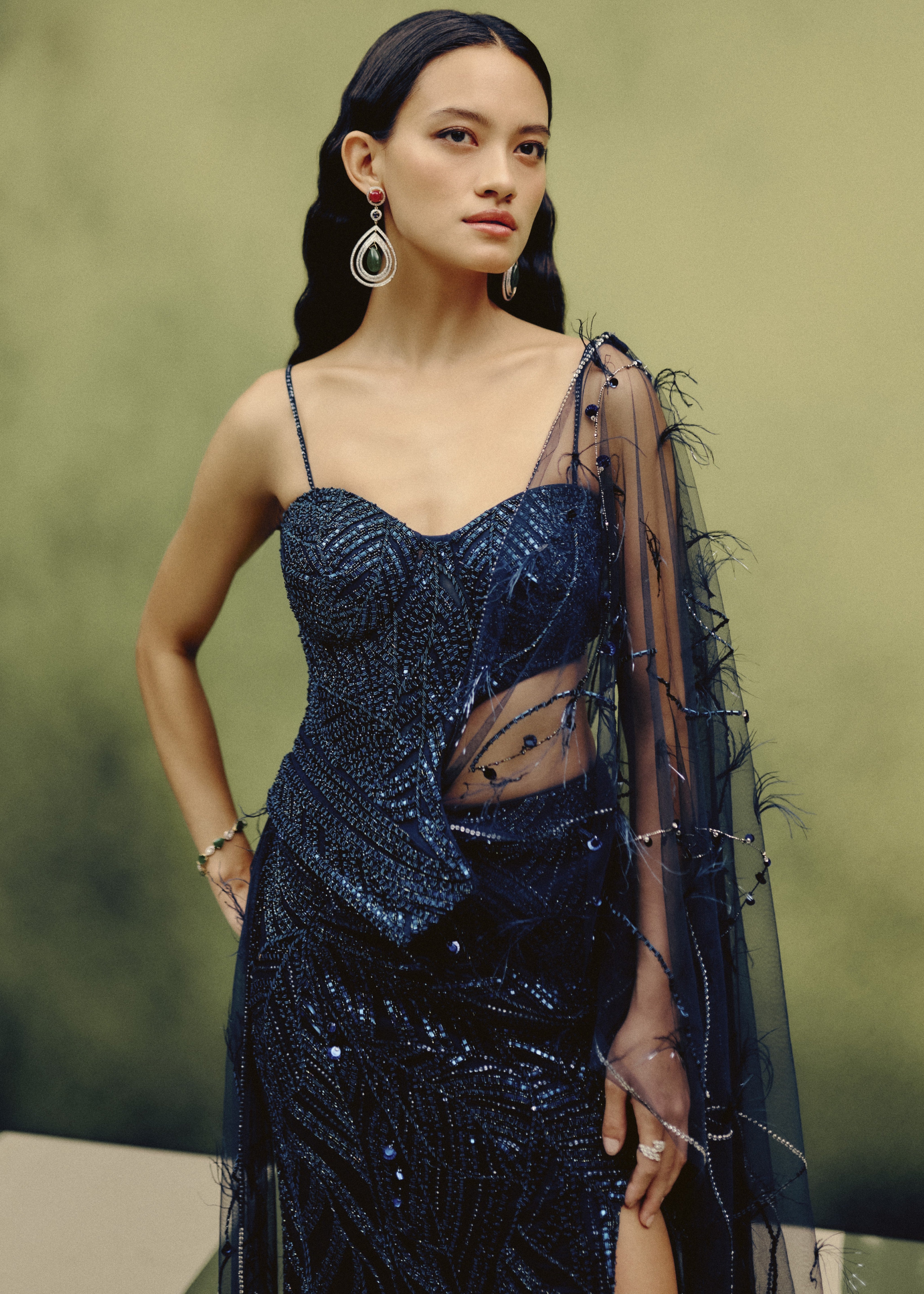 Celeste Plume Corset & Skirt Set With A Drape Dupatta