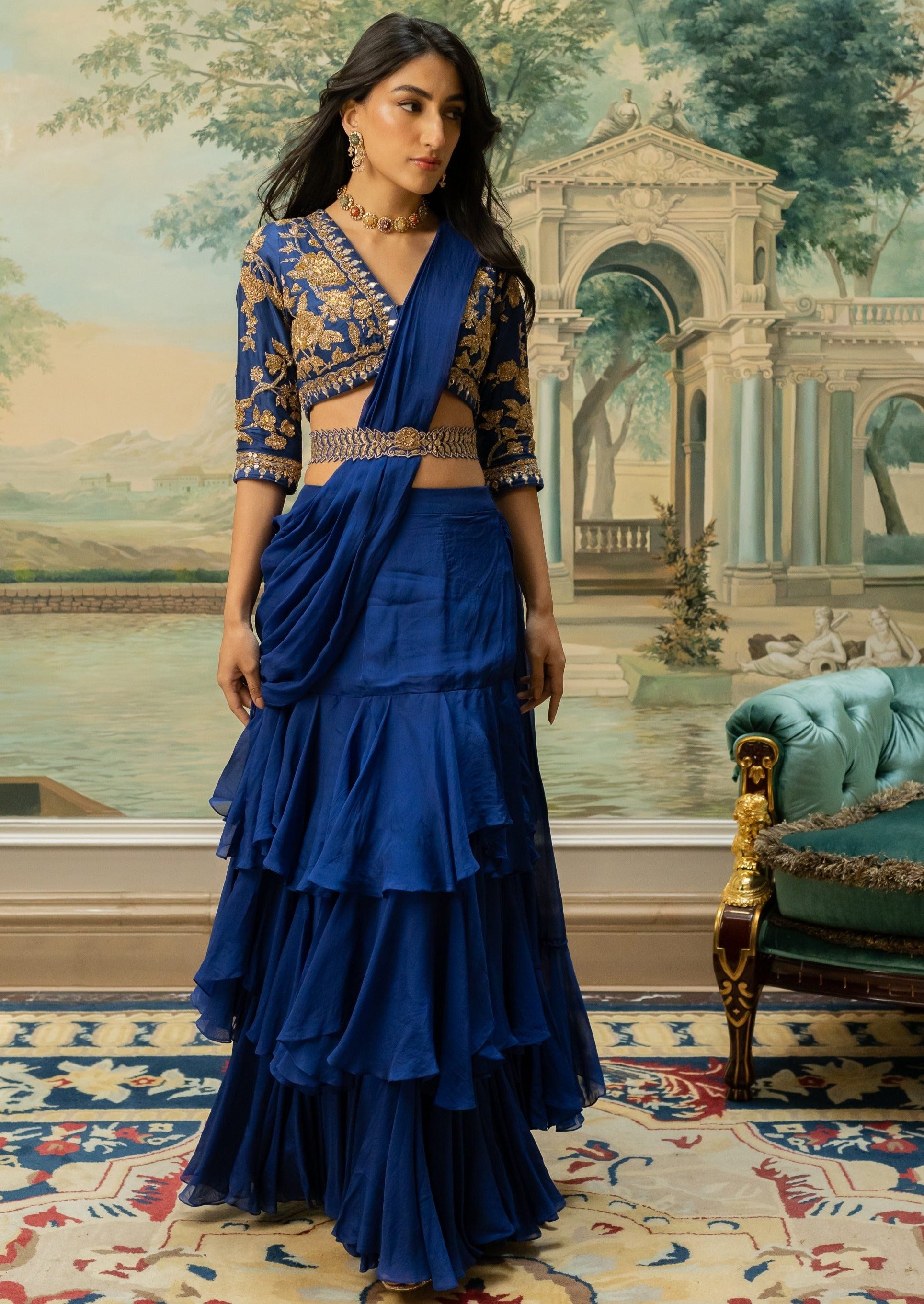 Electric Blue Three-Layered Sari Set