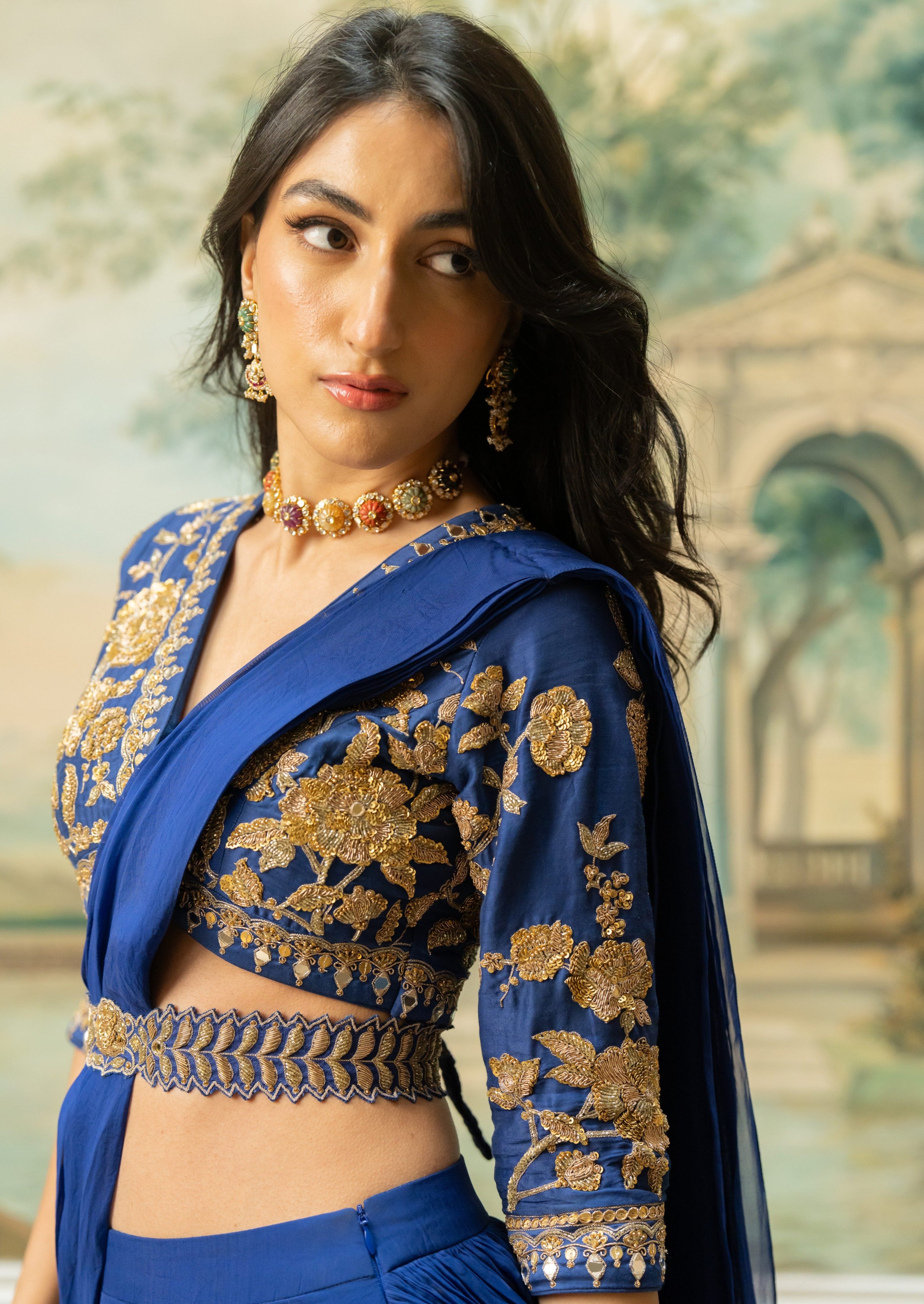Electric Blue Three-Layered Sari Set