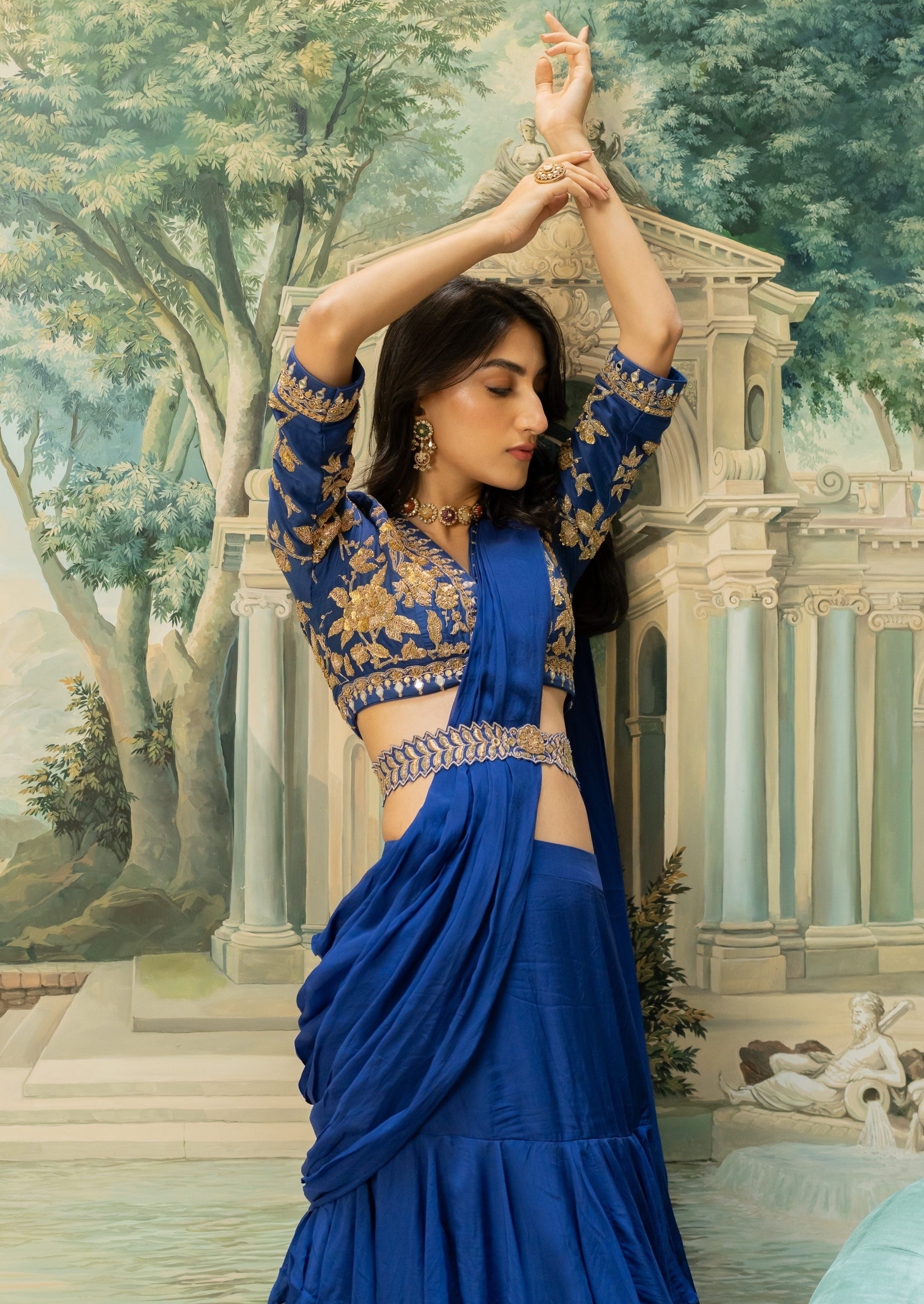 Electric Blue Three-Layered Sari Set