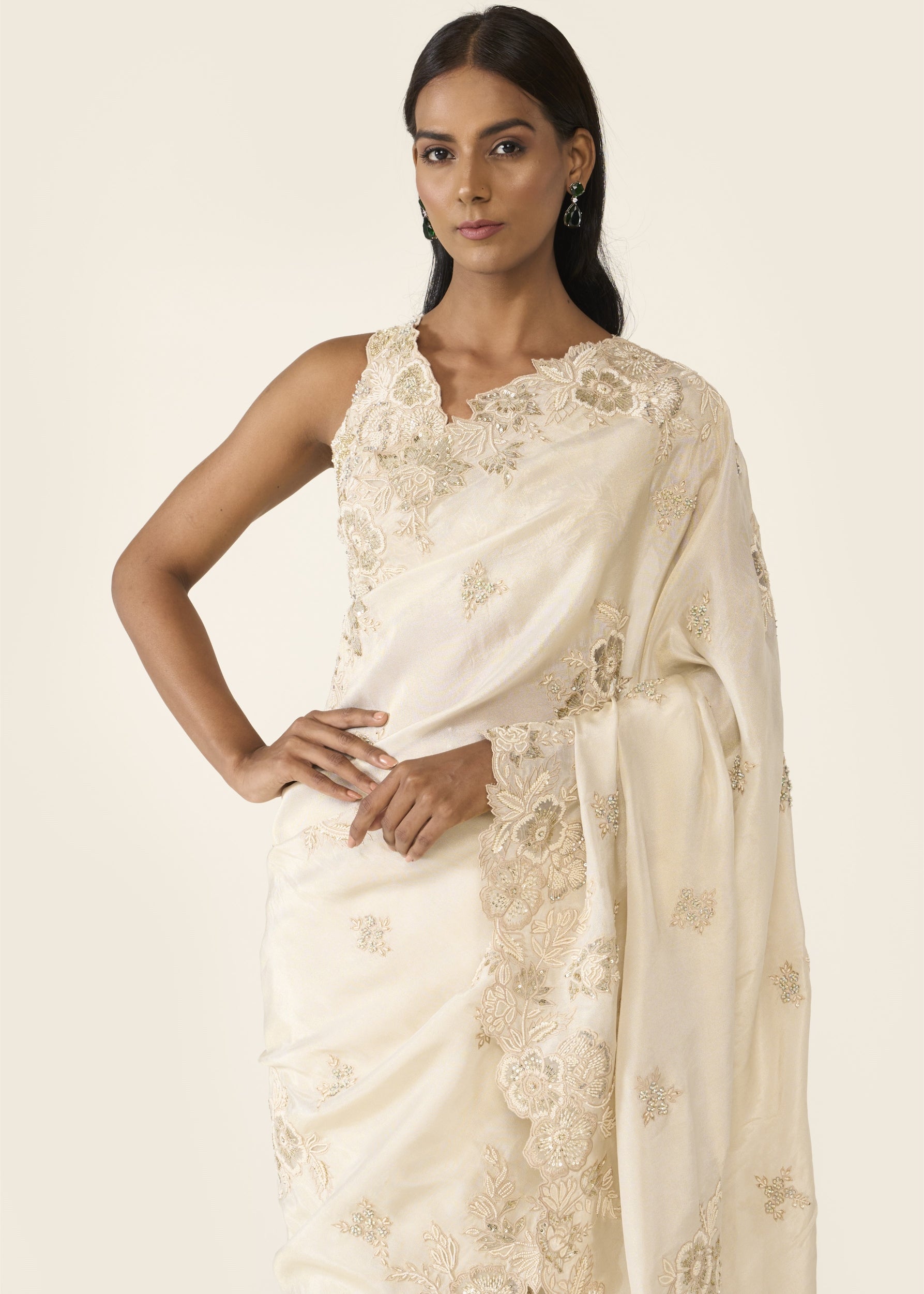 Ivory Embroidered Classic Sari Set