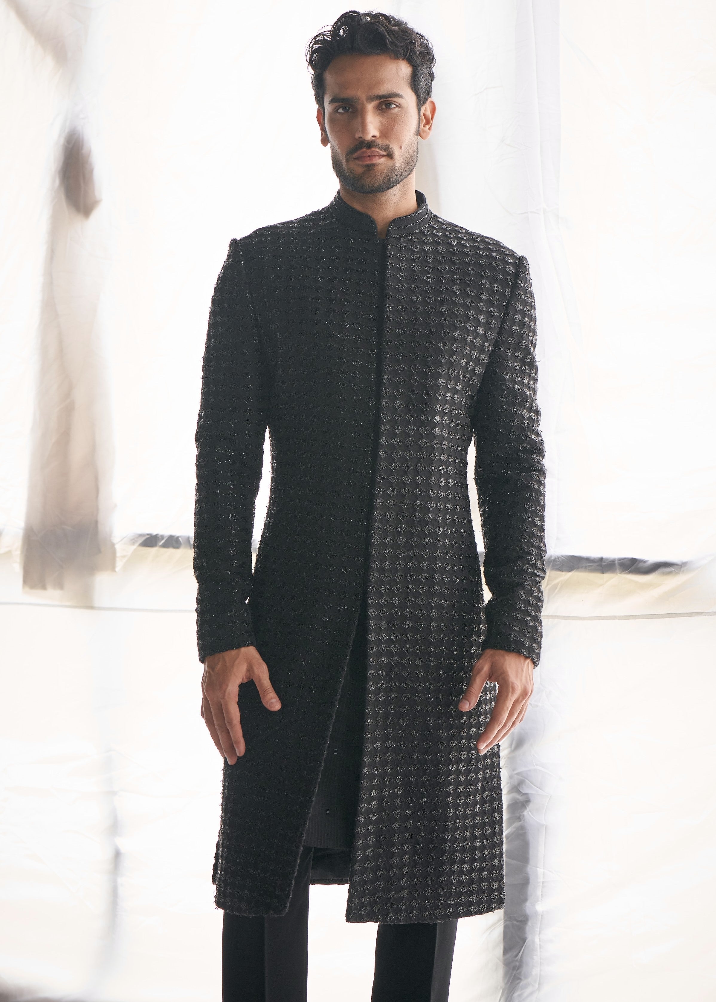 Black Fish Scale Cutdana Sherwani