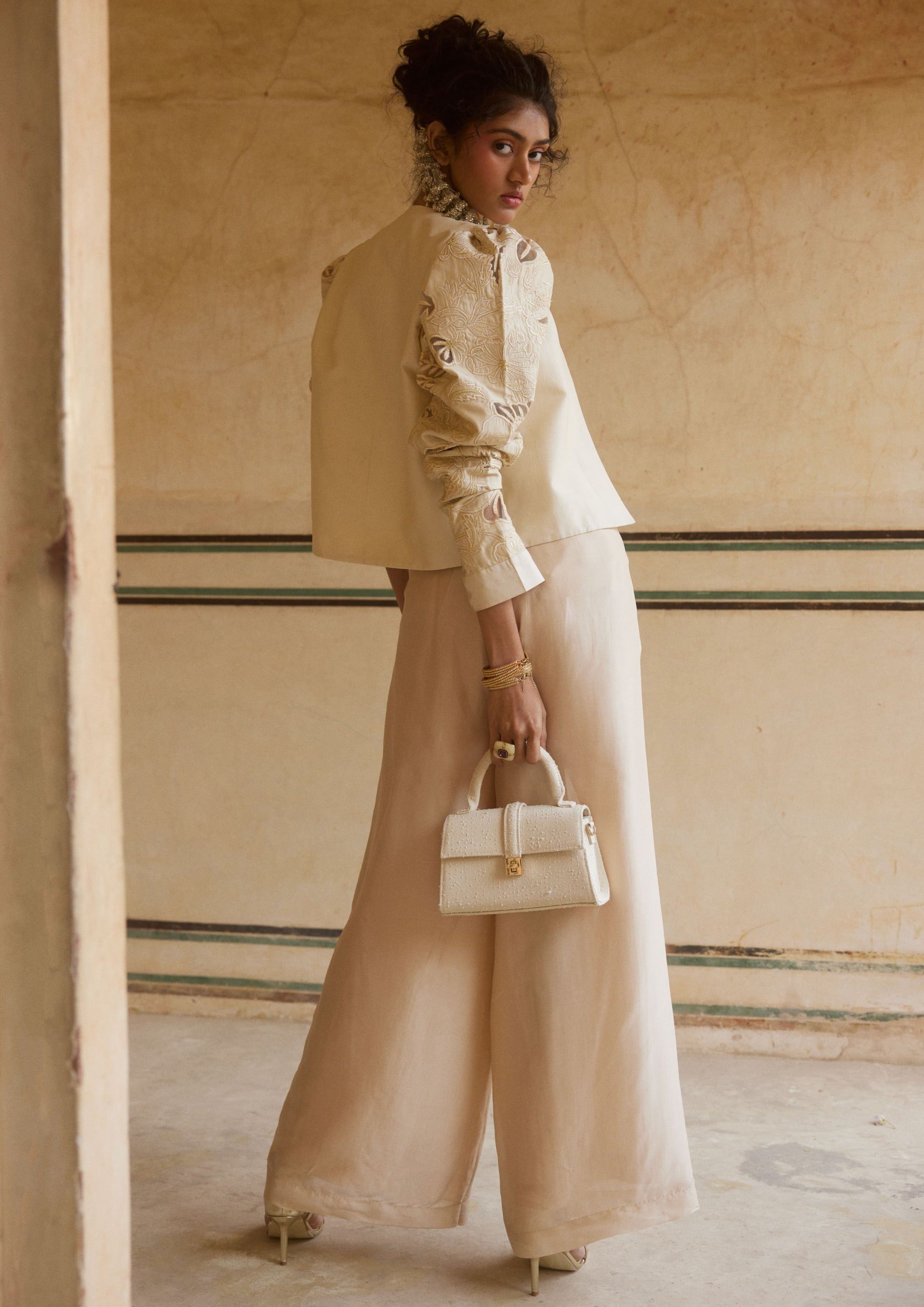 Powder Pink Silk Organza Short Jacket Set with Scarf
