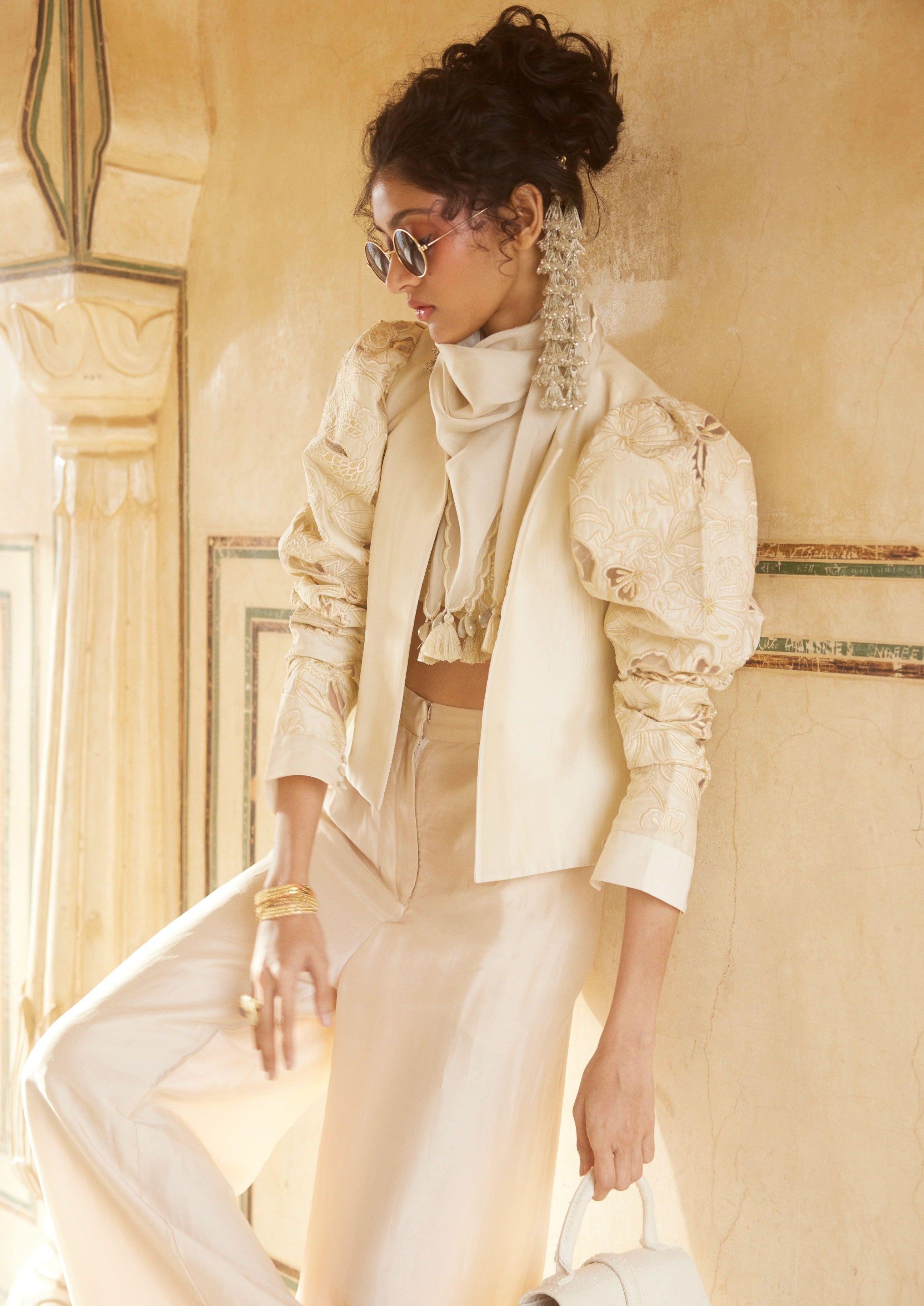 Powder Pink Silk Organza Short Jacket Set with Scarf