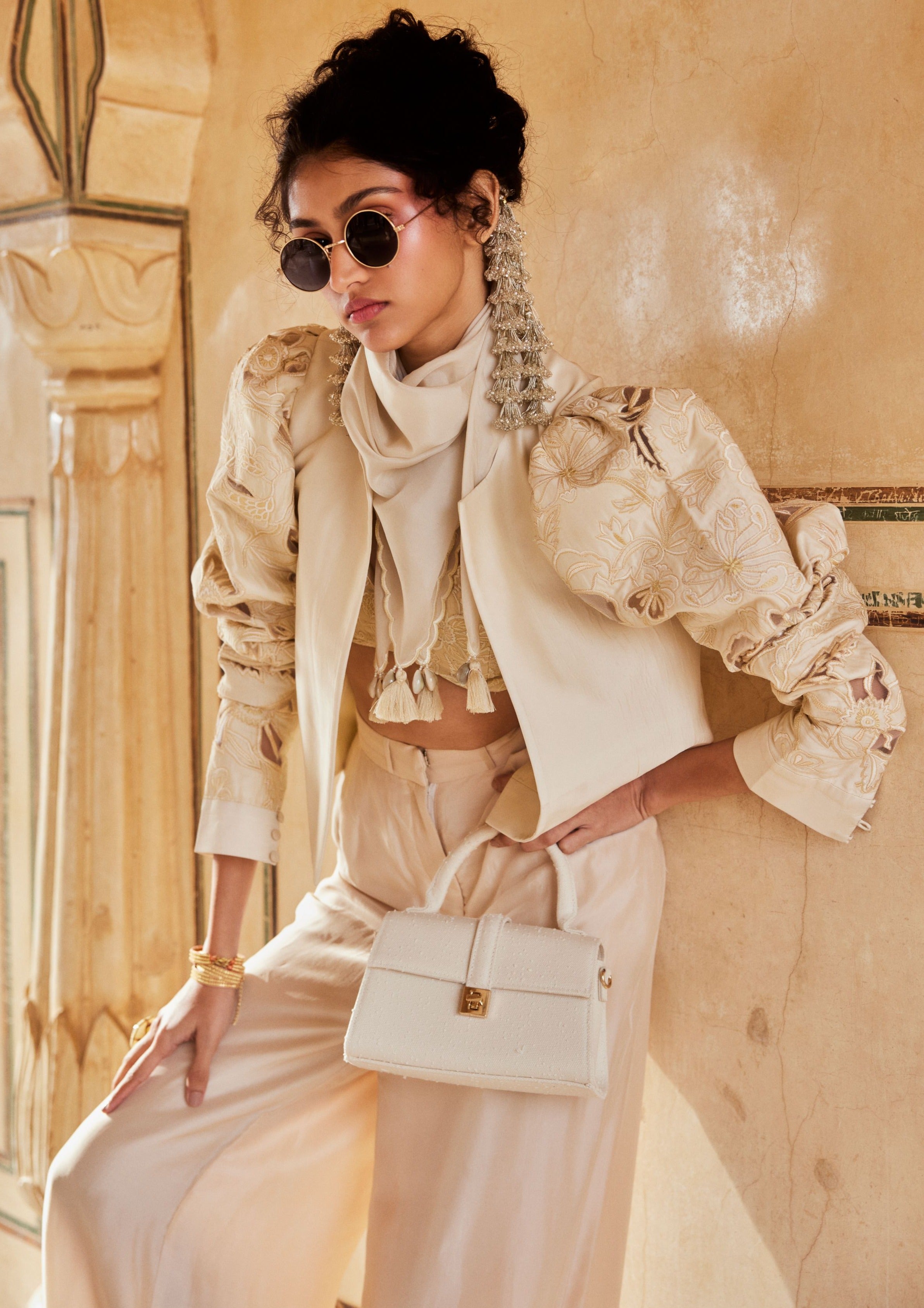 Powder Pink Silk Organza Short Jacket Set with Scarf