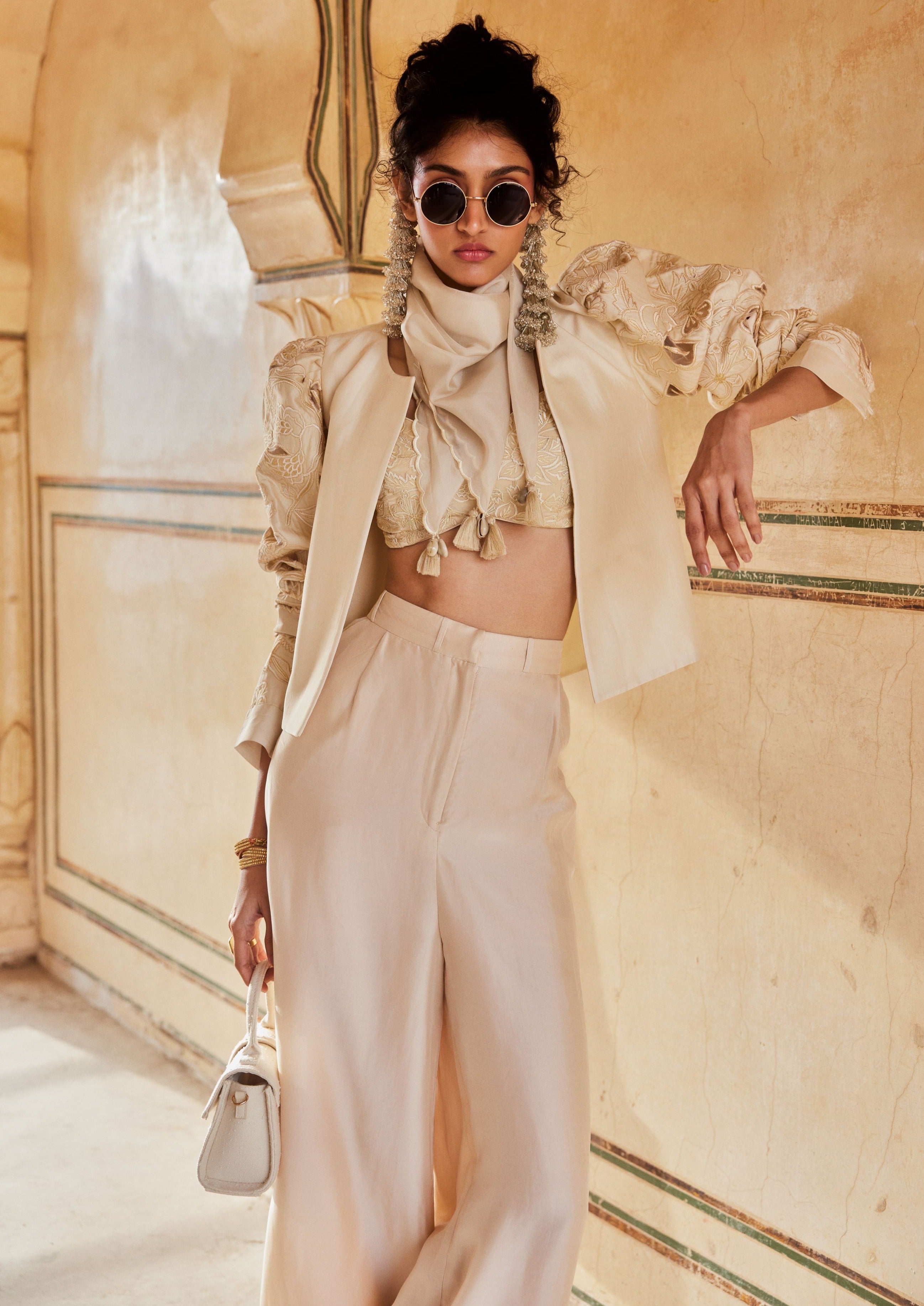 Powder Pink Silk Organza Short Jacket Set with Scarf