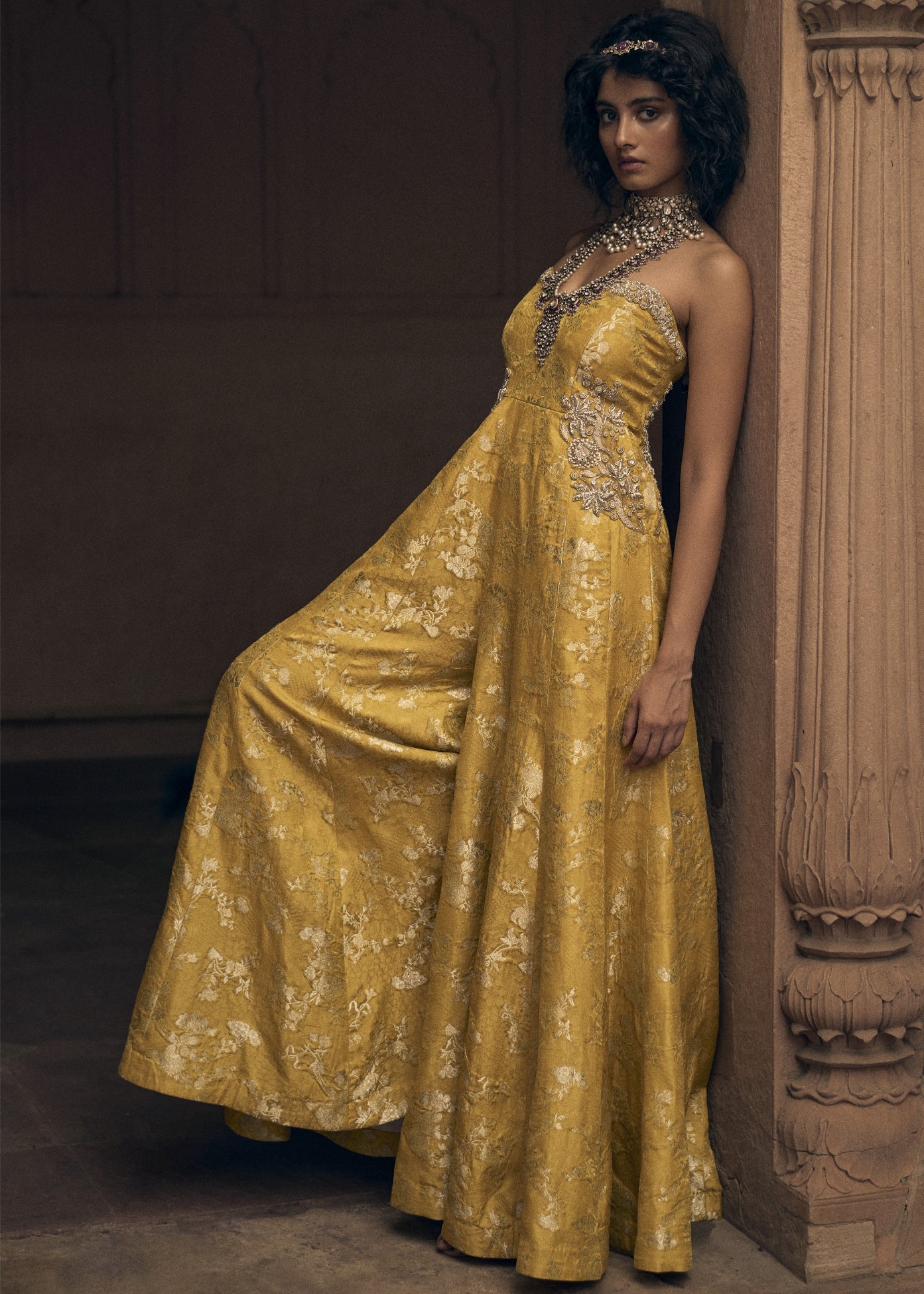 Yellow Floral Jacquard Jumpsuit