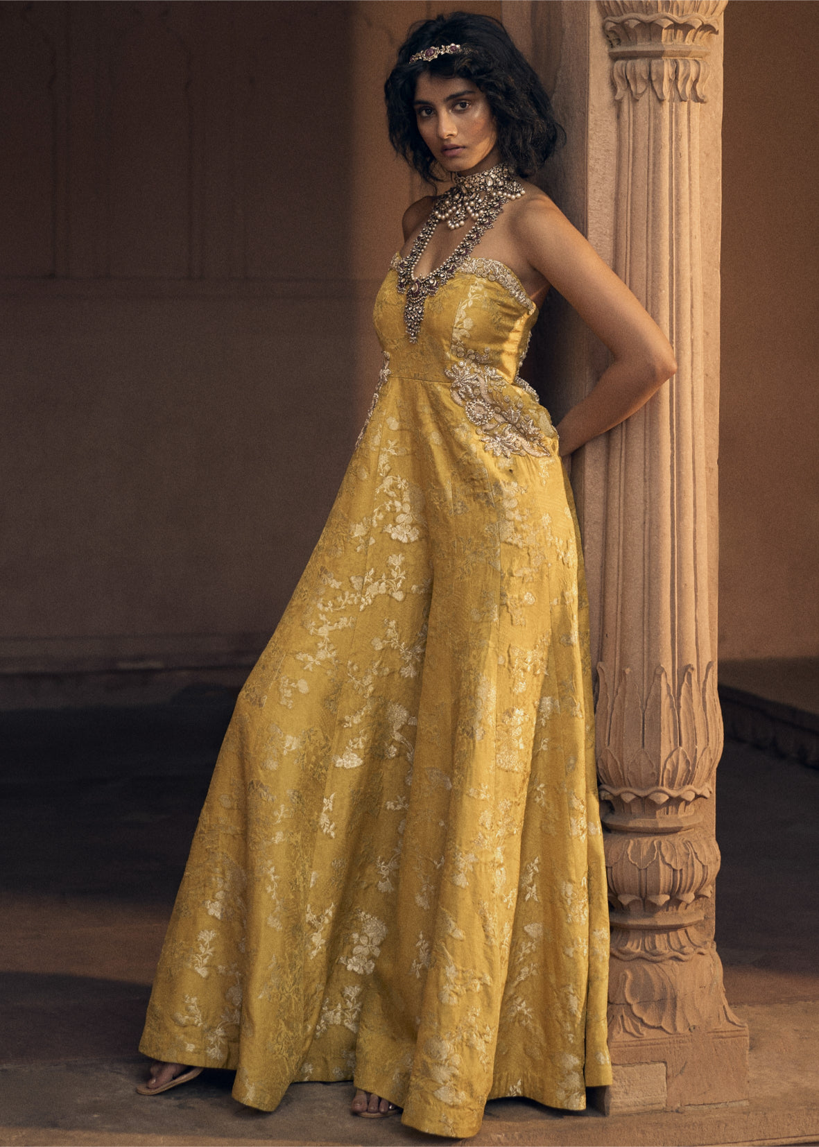 Yellow Floral Jacquard Jumpsuit