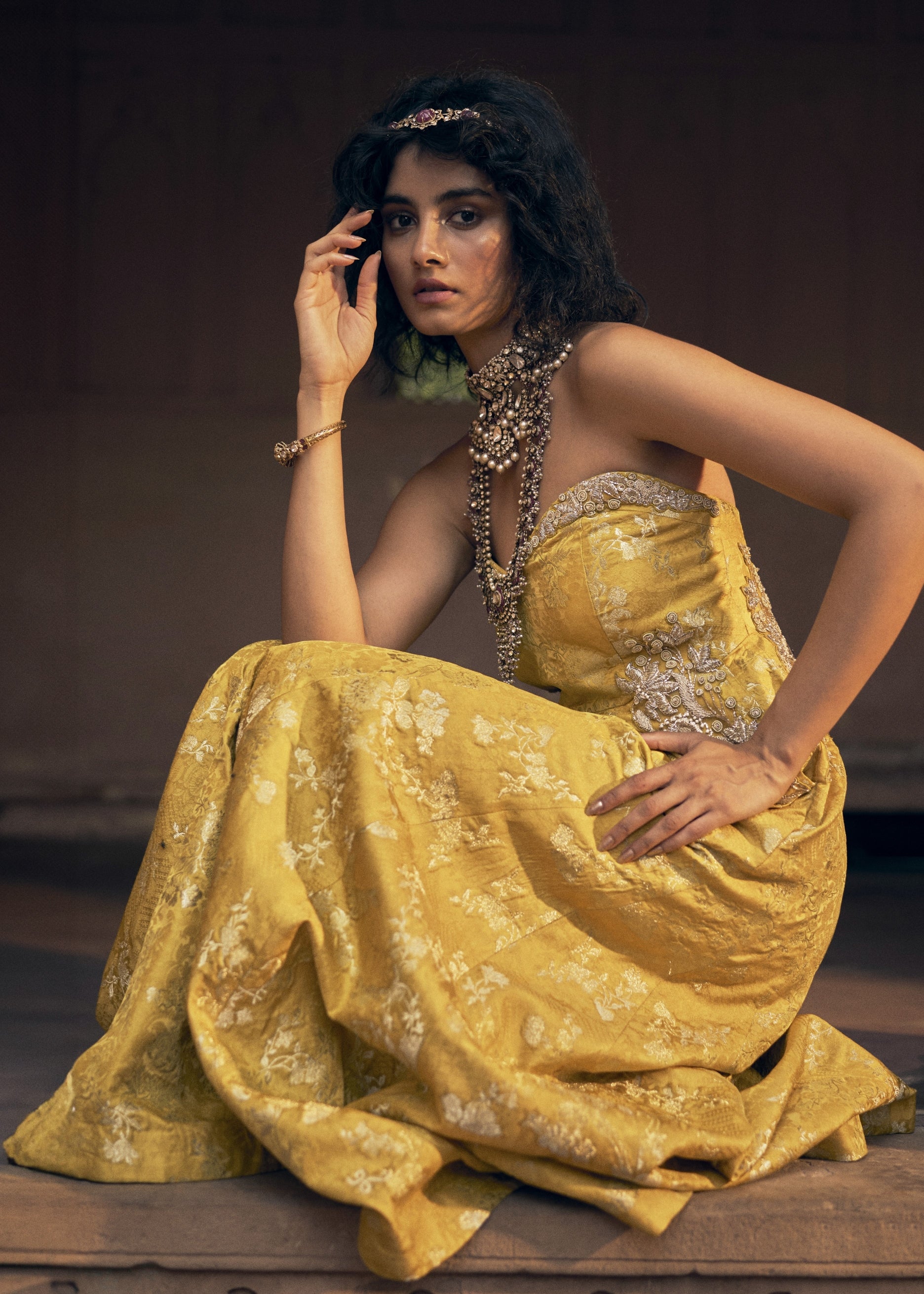 Yellow Floral Jacquard Jumpsuit