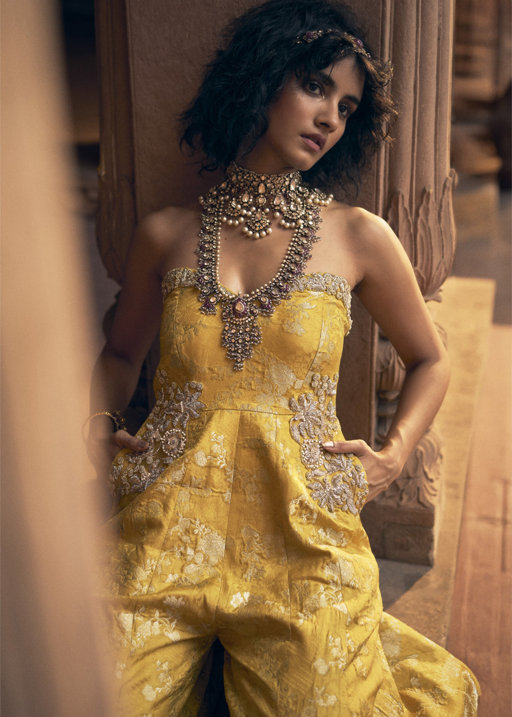 Yellow Floral Jacquard Jumpsuit