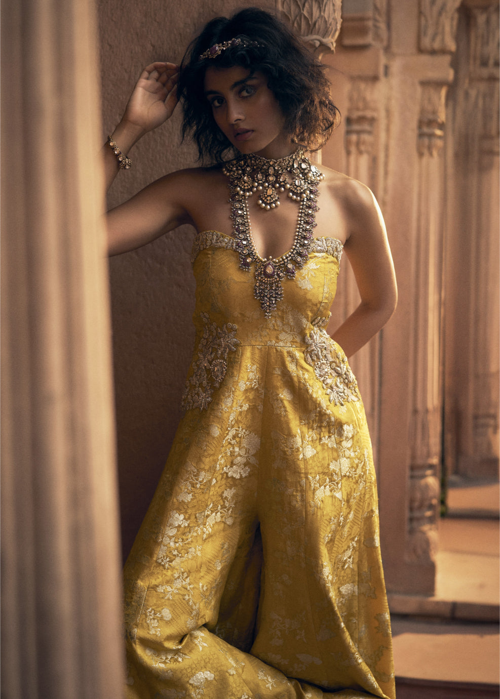 Yellow Floral Jacquard Jumpsuit