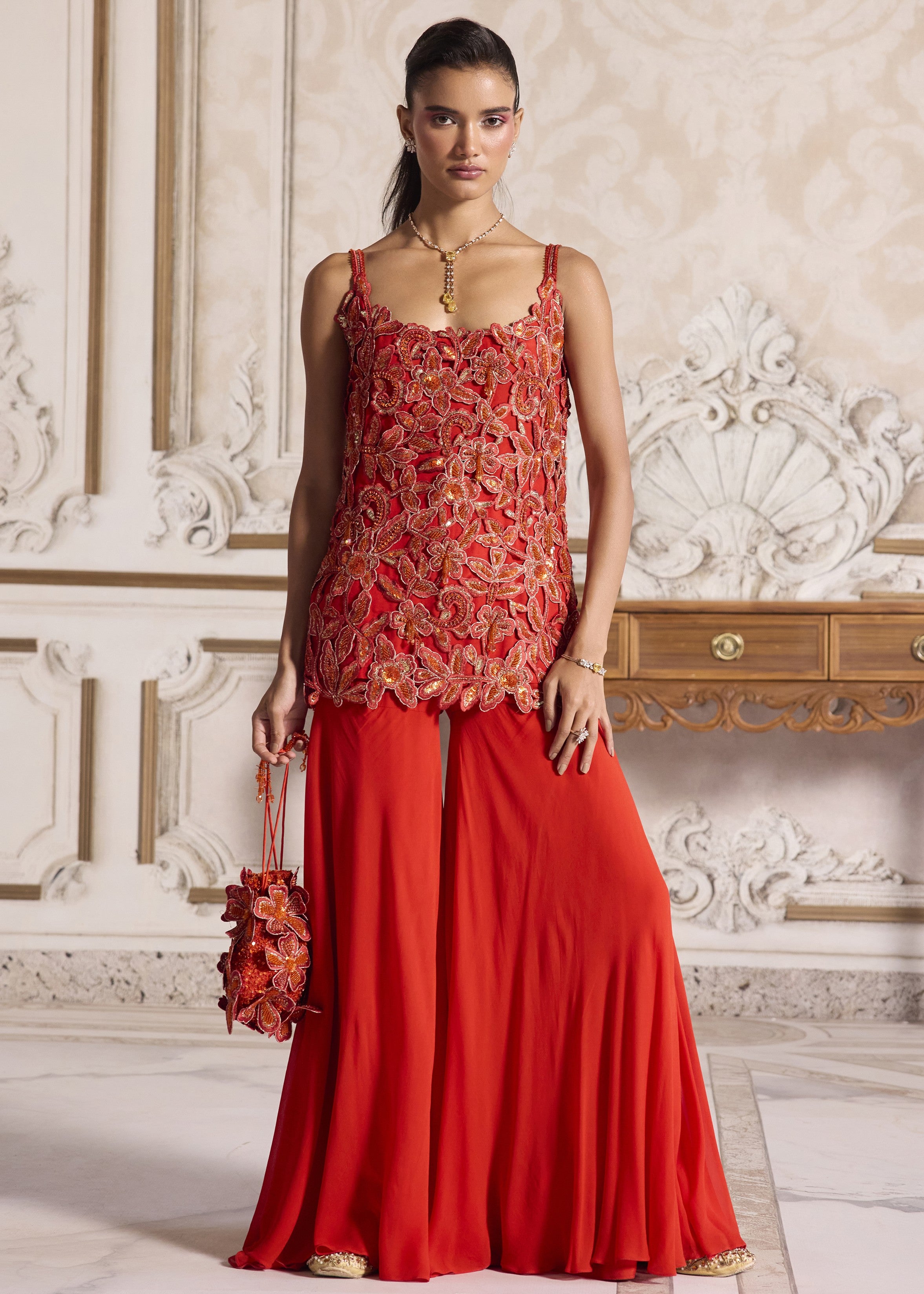 Rust Cut-work Kurta And Sharara