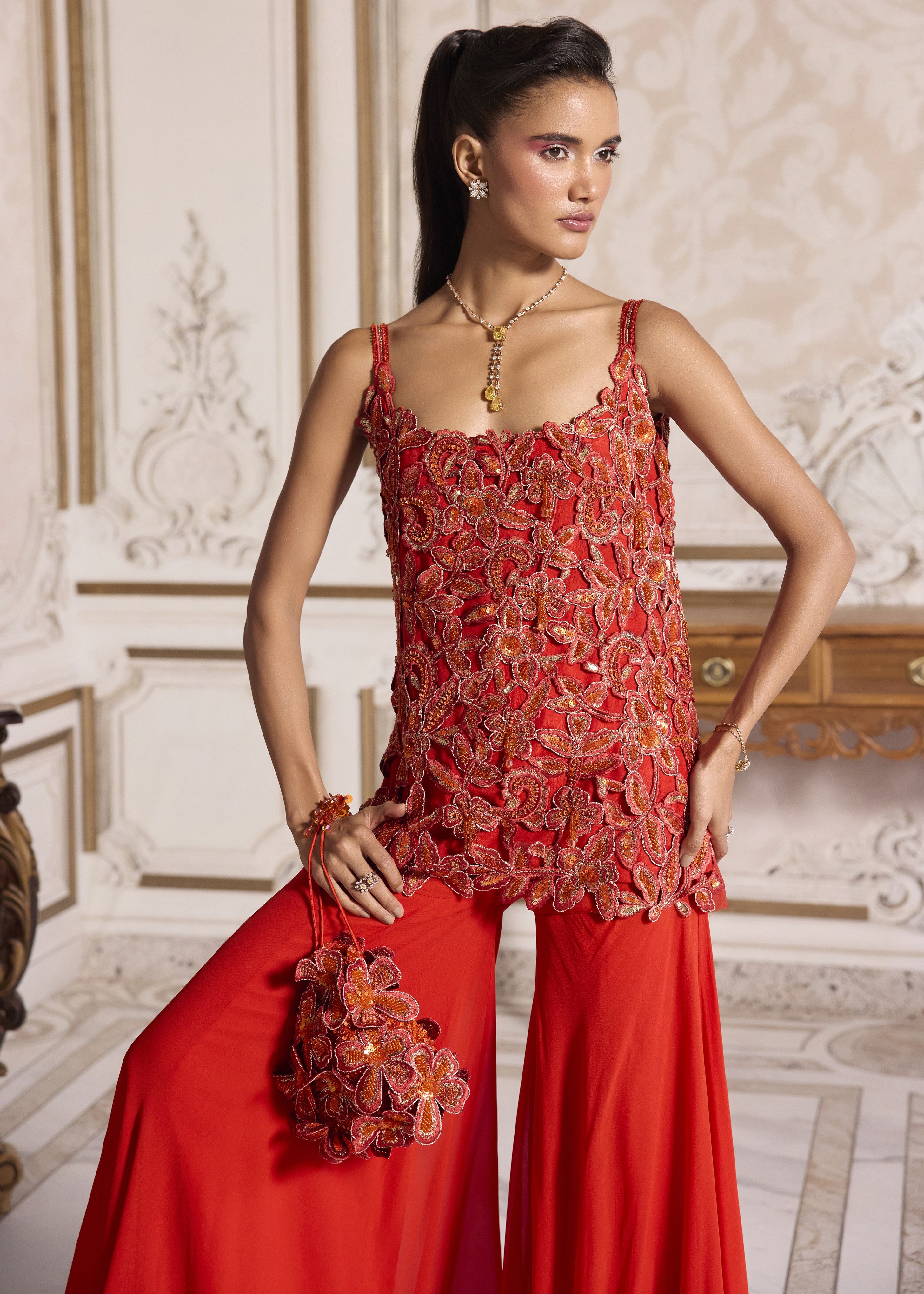 Rust Cut-work Kurta And Sharara