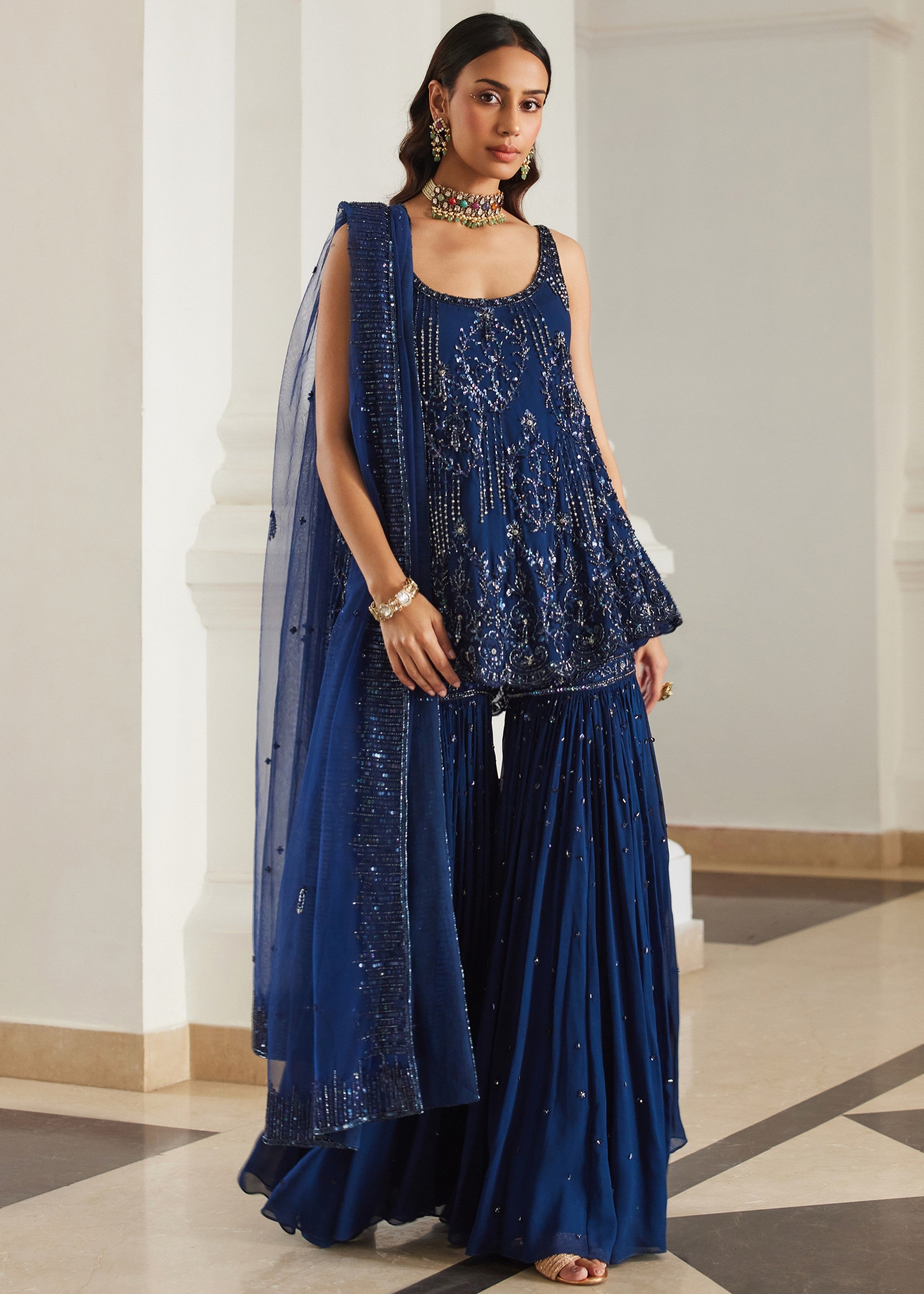 Teal Blue Biased Kurta With Sharara