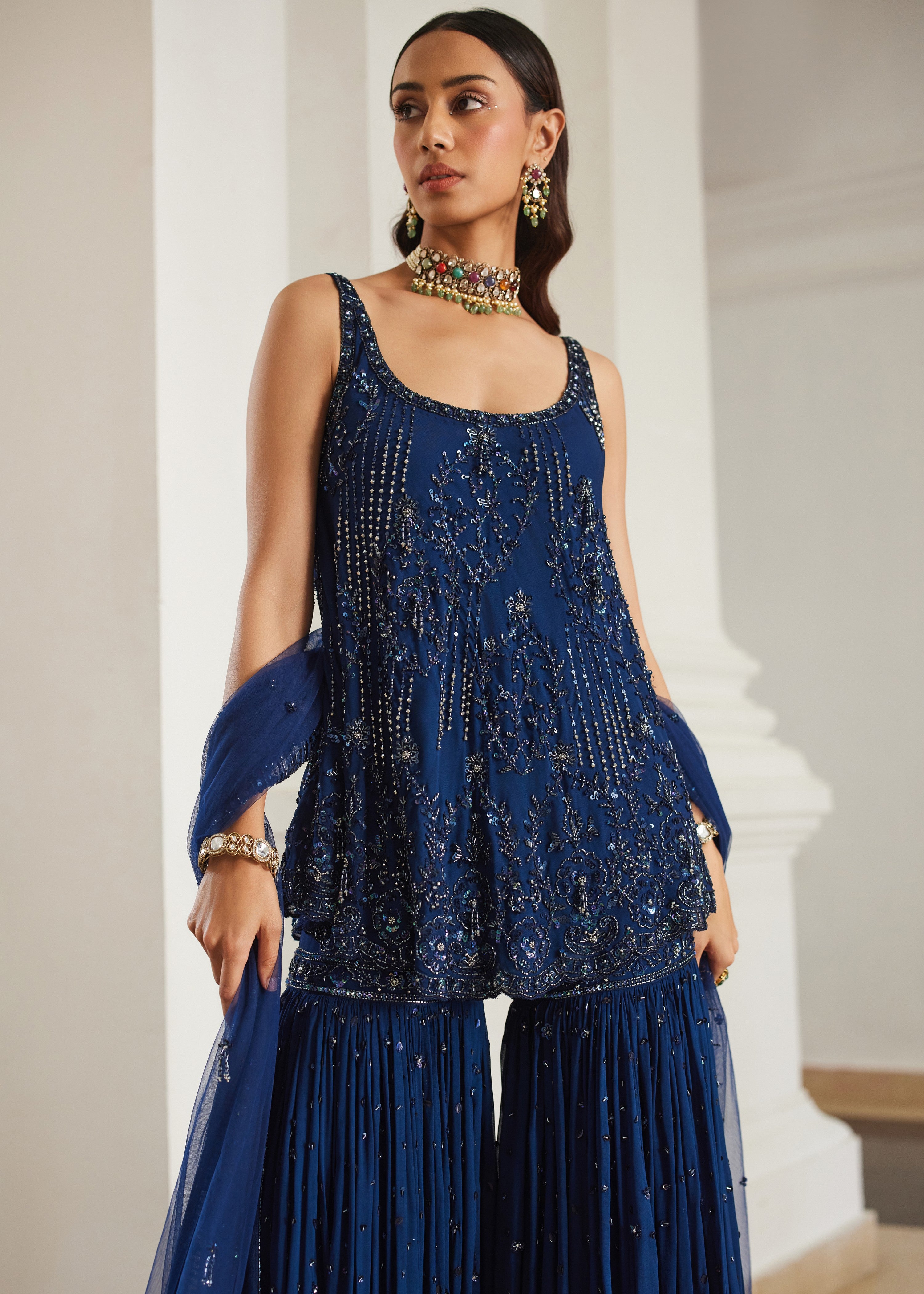 Teal Blue Biased Kurta With Sharara