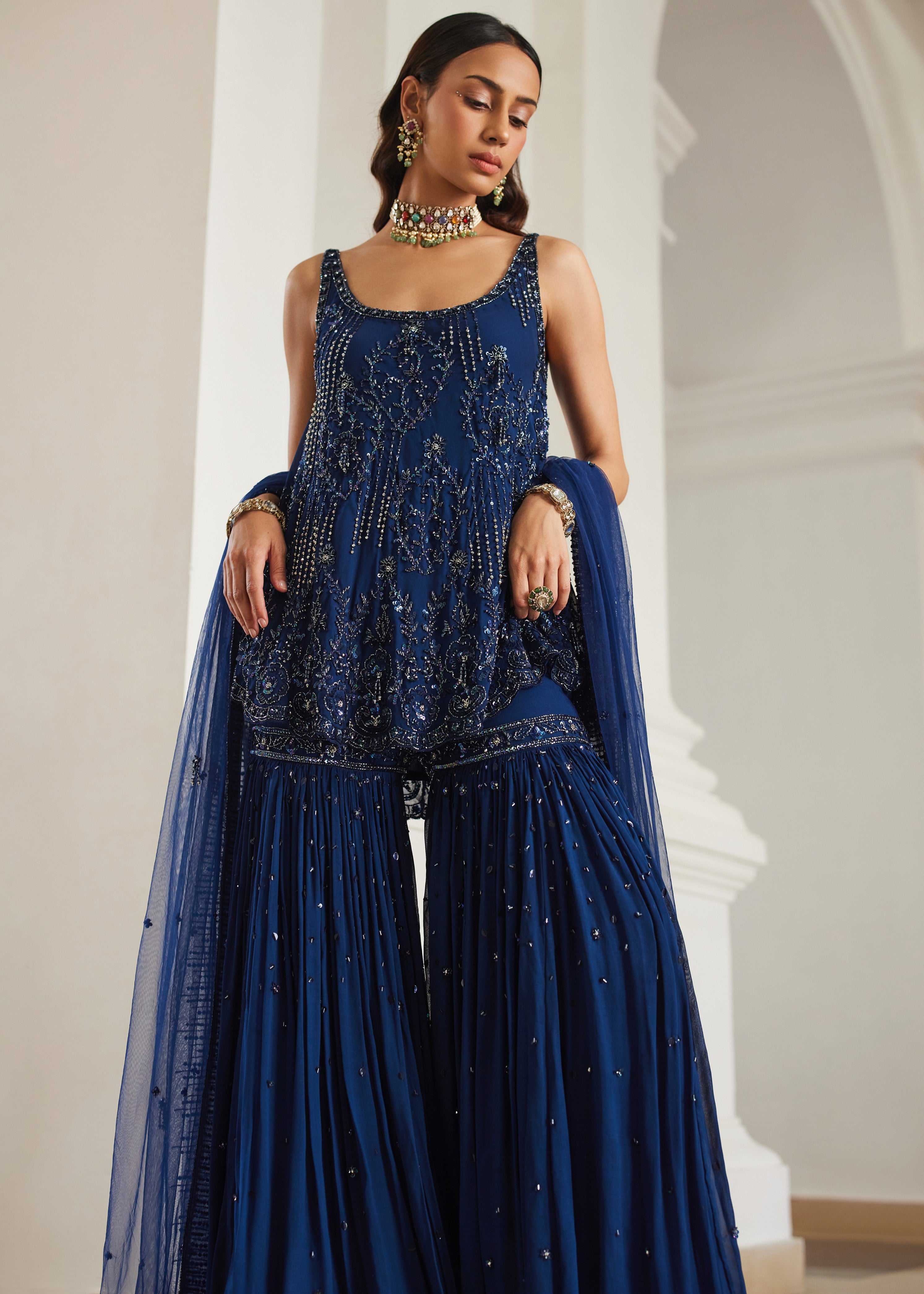 Teal Blue Biased Kurta With Sharara