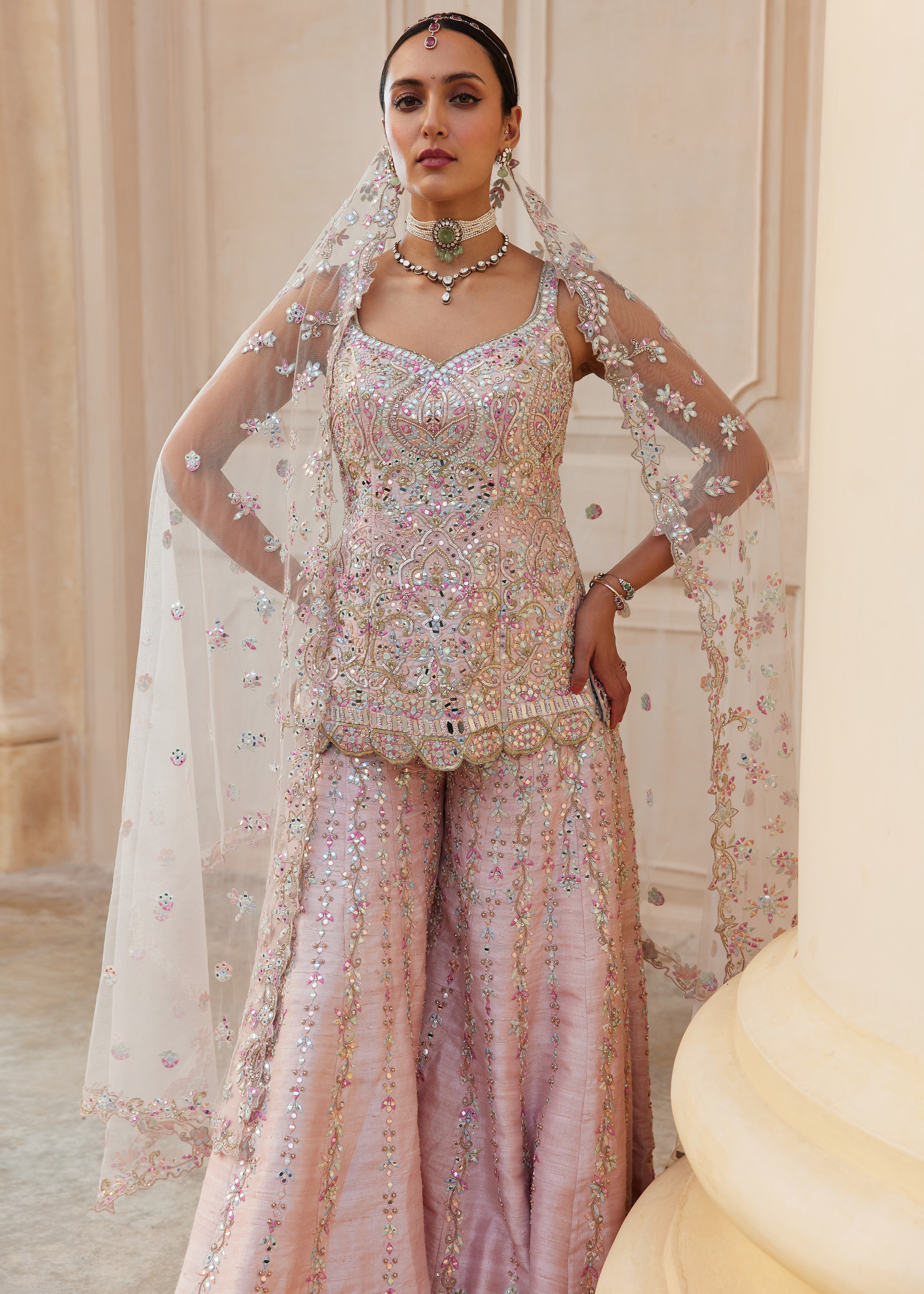 Pink Raw Silk Mirror Sharara Set