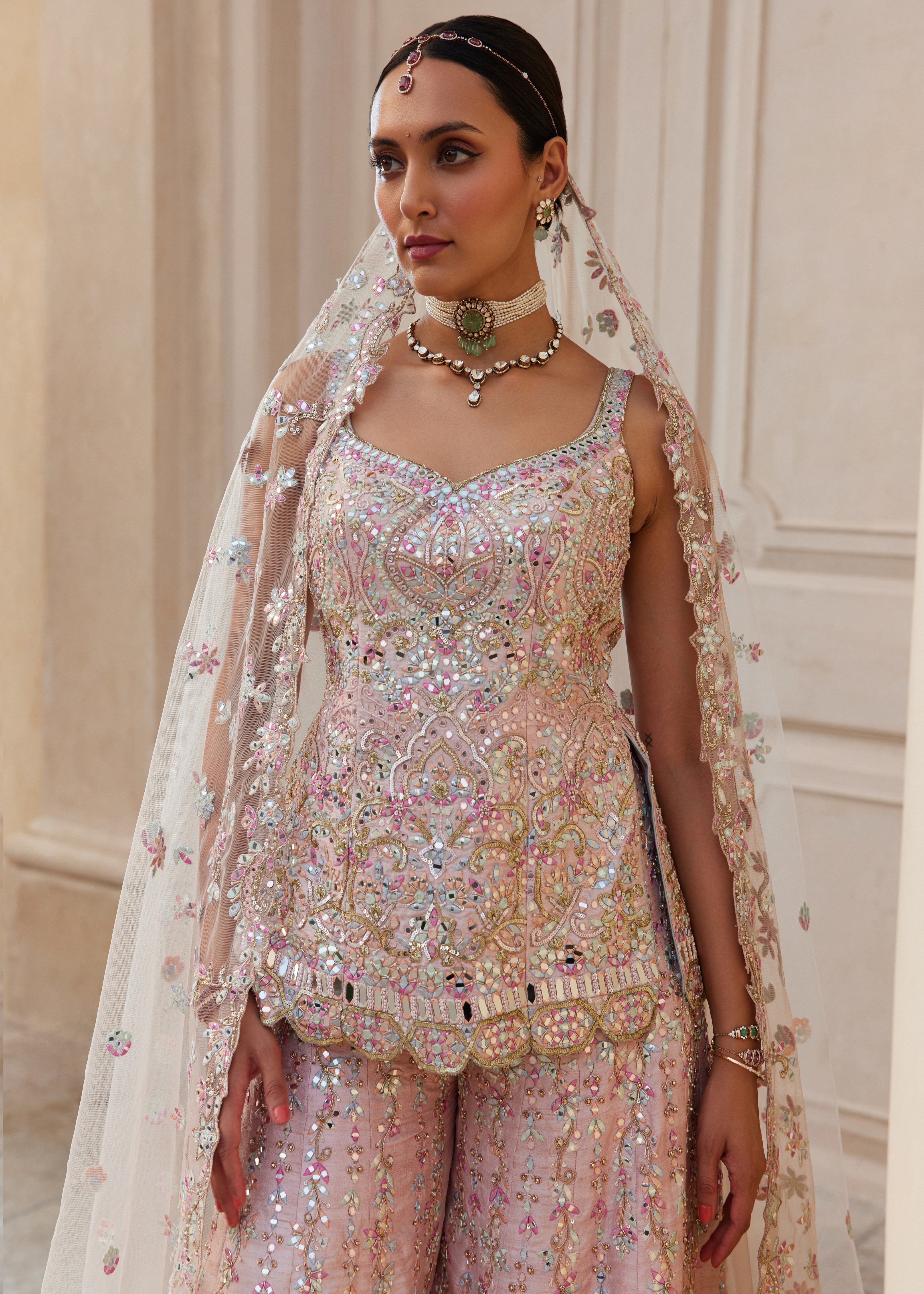 Pink Raw Silk Mirror Sharara Set