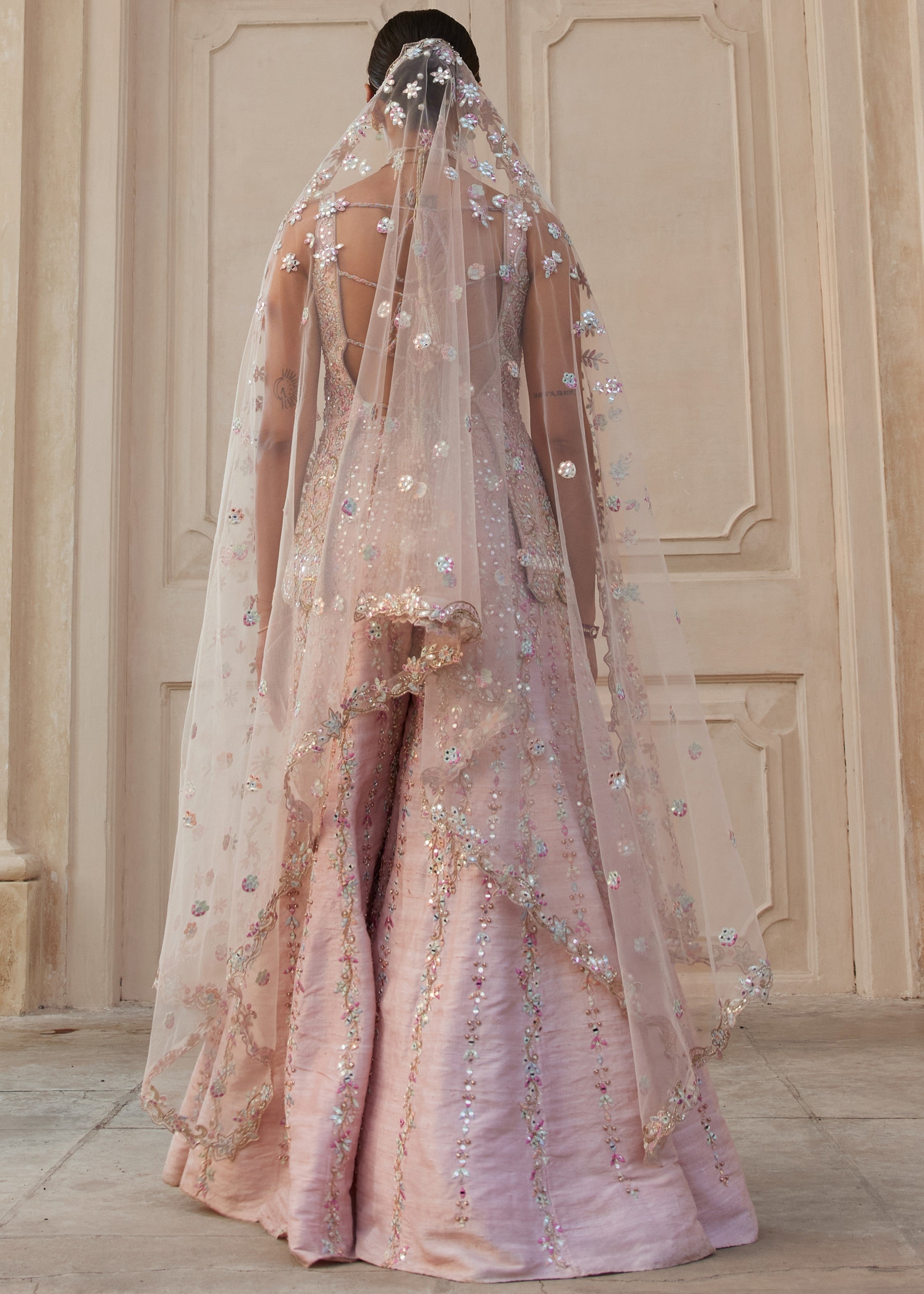 Pink Raw Silk Mirror Sharara Set