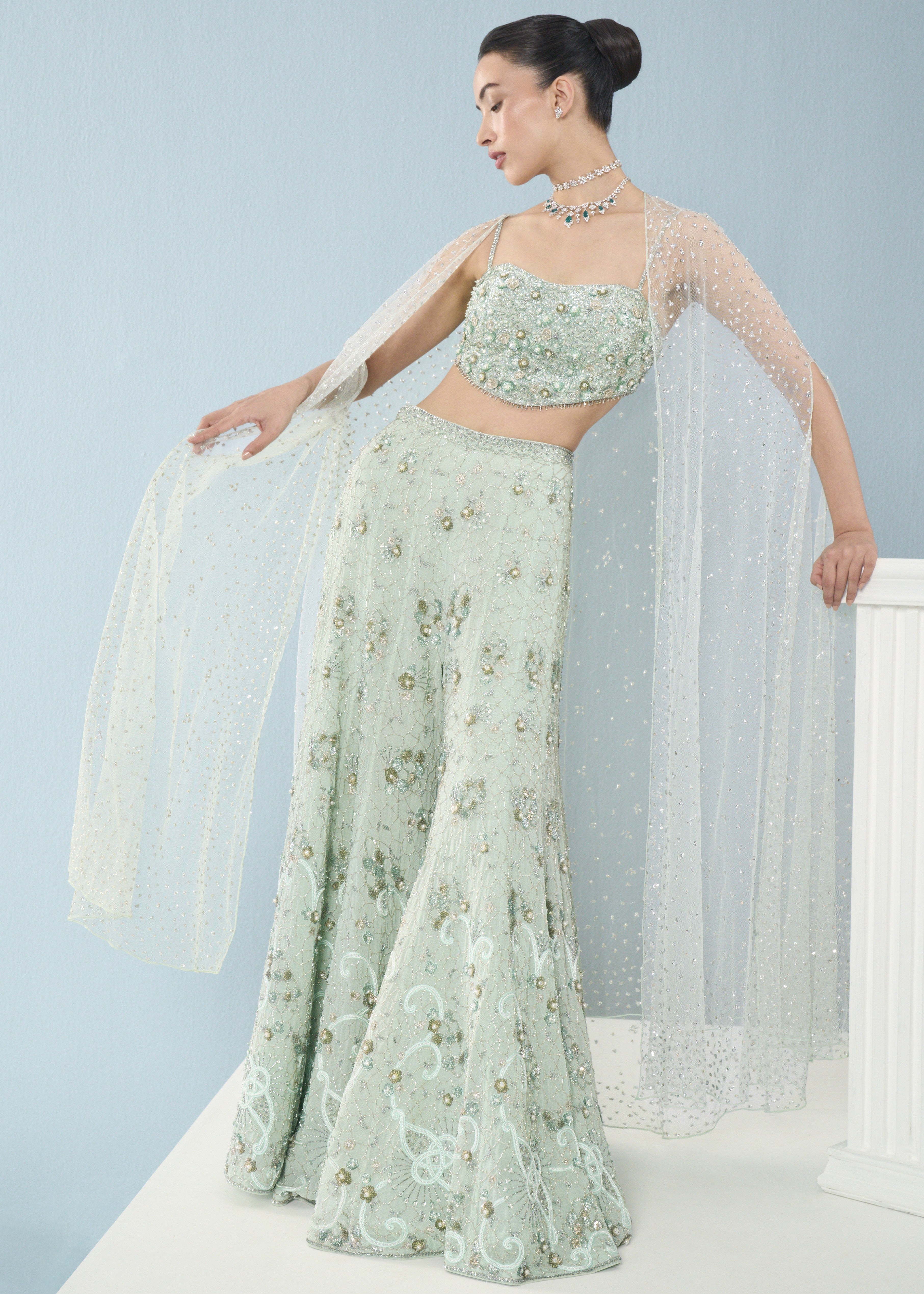 Sea Green Georgette High Waist Sharara And Cape Set