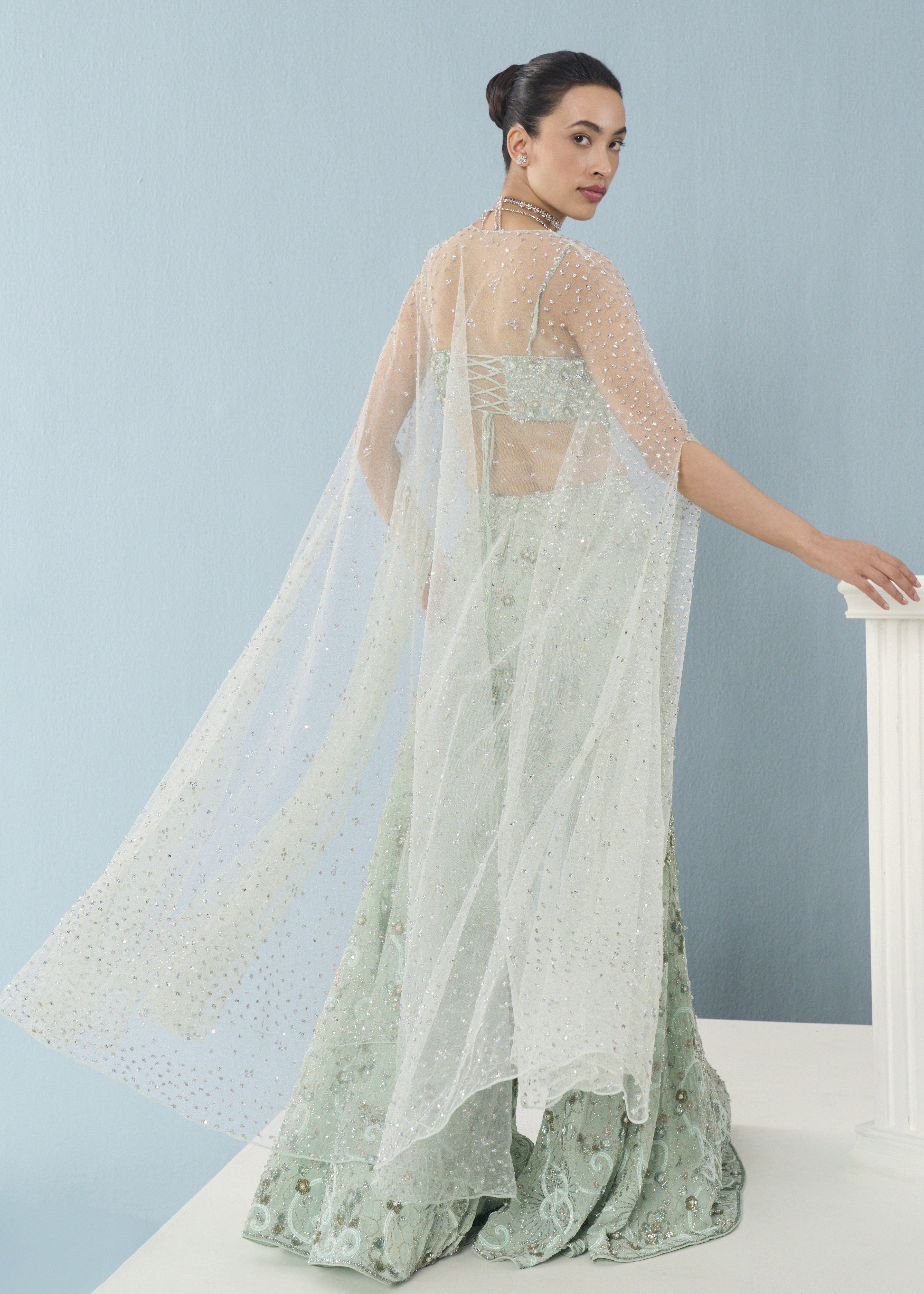 Sea Green Georgette High Waist Sharara And Cape Set