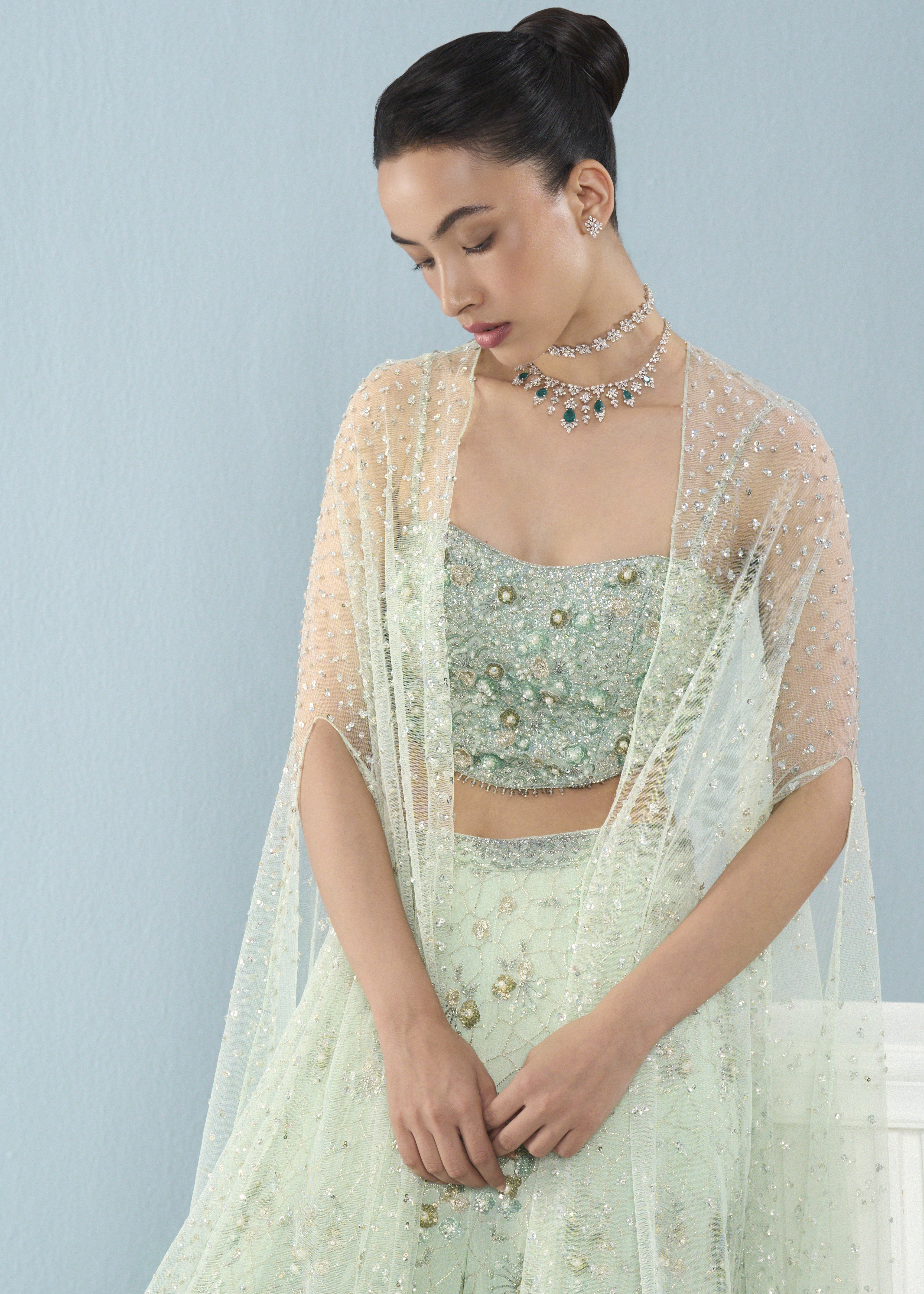 Sea Green Georgette High Waist Sharara And Cape Set